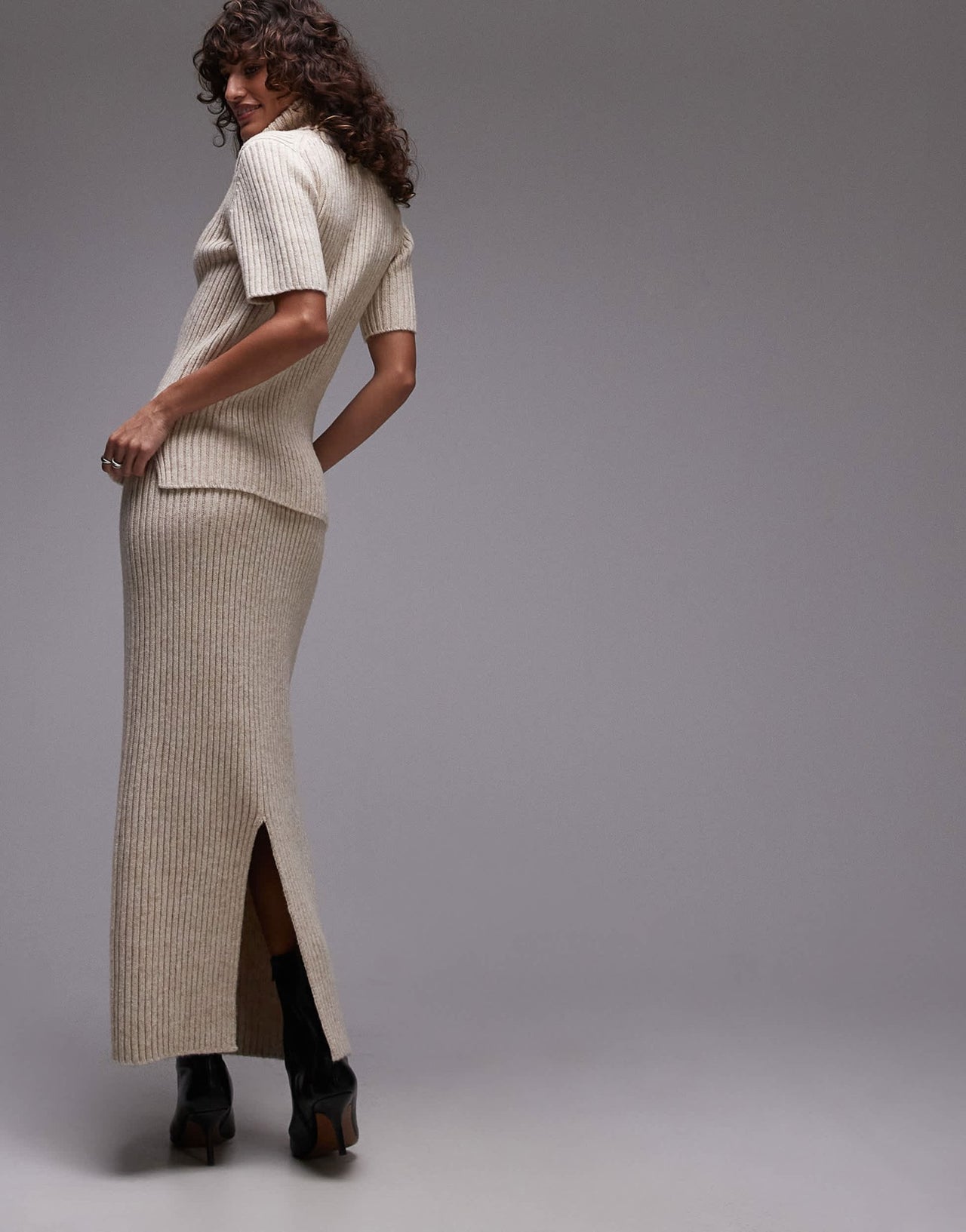ARKET premium co - ord wool and cotton blend knitted rib maxi skirt in light beige - ASOS Sample Sale