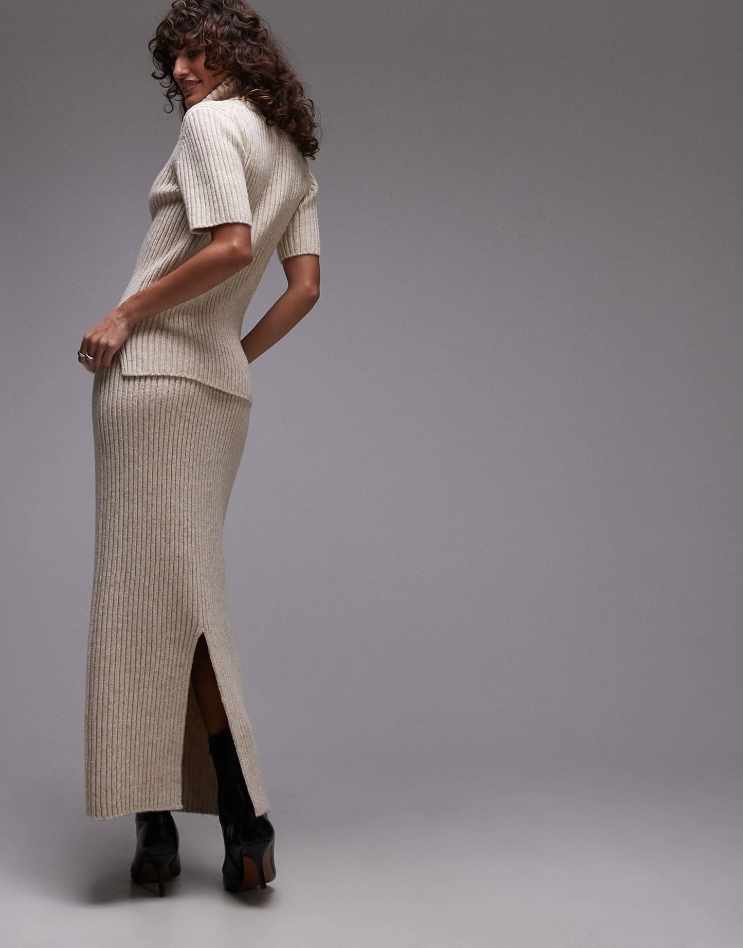 ARKET premium co - ord wool and cotton blend knitted rib maxi skirt in light beige - ASOS Sample Sale