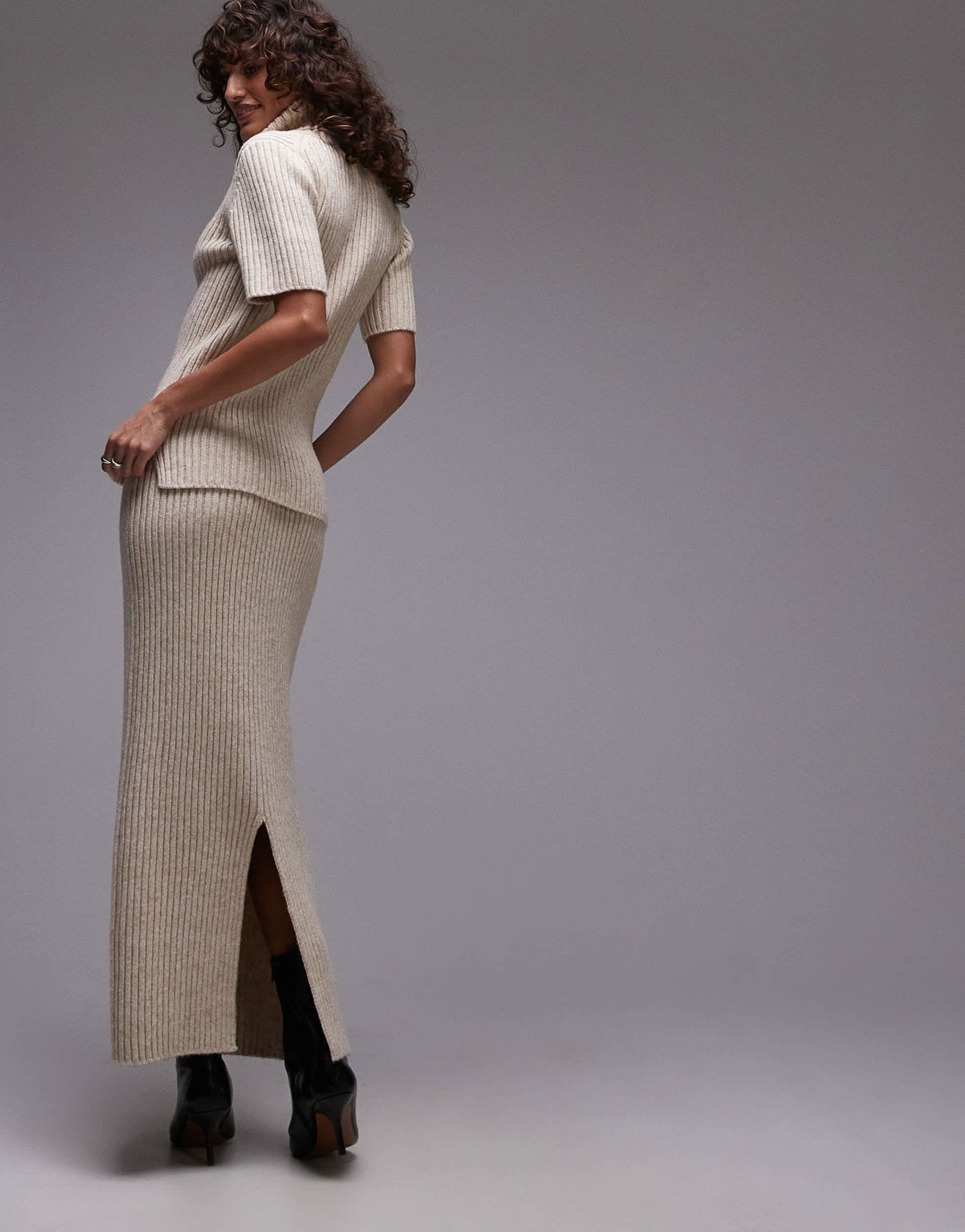 ARKET premium co - ord wool and cotton blend knitted rib maxi skirt in light beige - ASOS Sample Sale