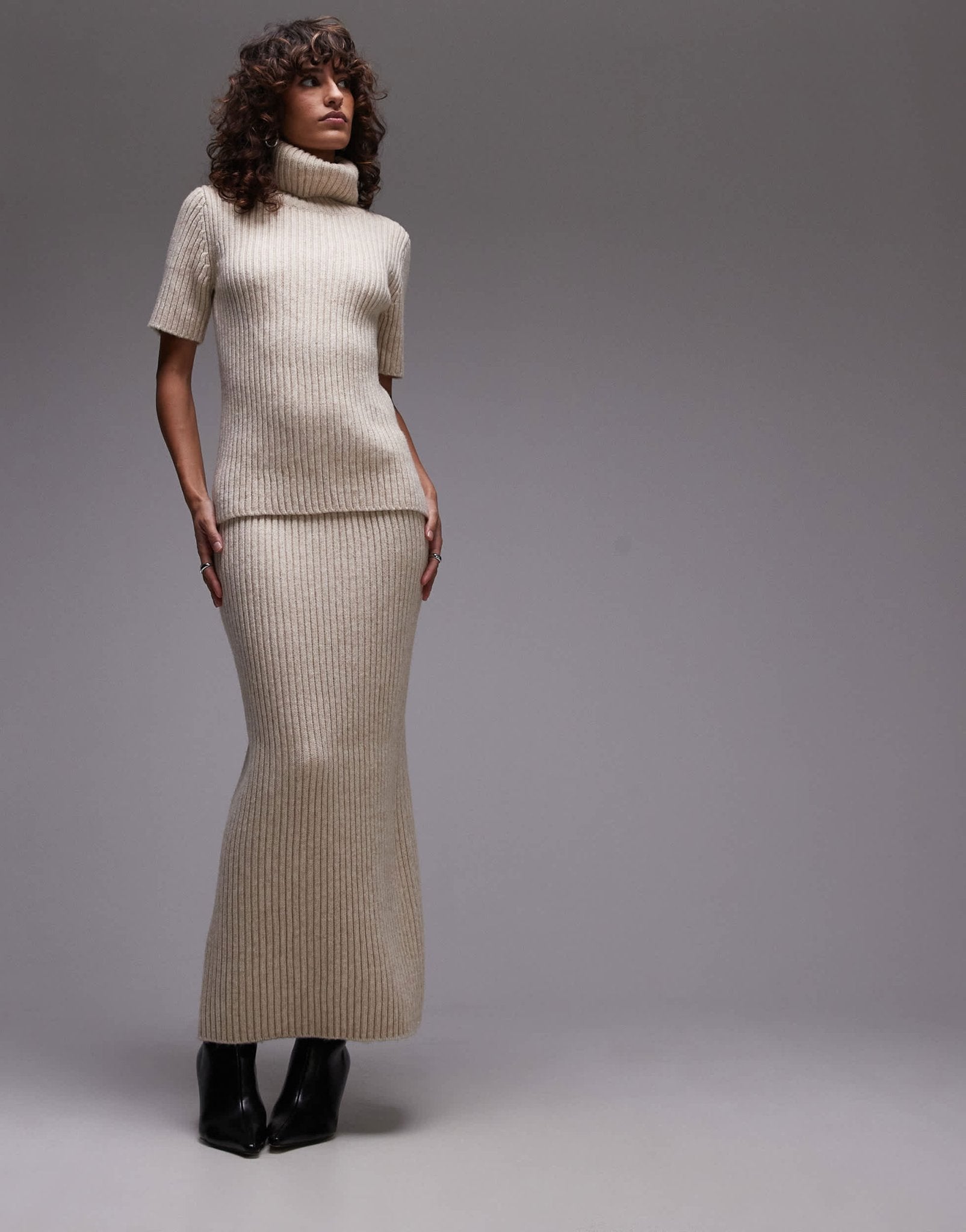 ARKET premium co - ord wool and cotton blend knitted rib maxi skirt in light beige - ASOS Sample Sale