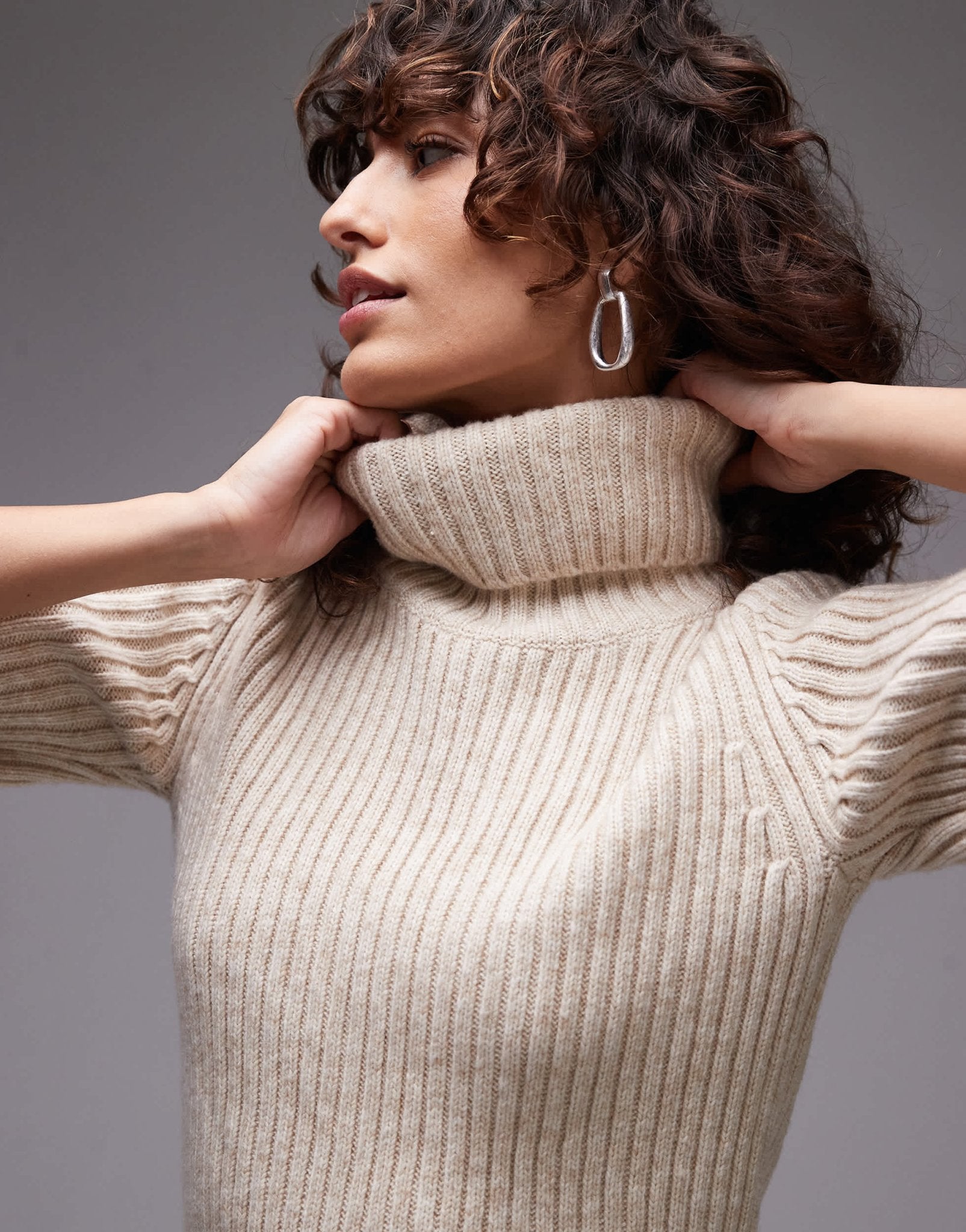 ARKET premium co - ord wool and cotton blend soft knitted rib short sleeve sweater with roll neck in light beige - ASOS Sample Sale