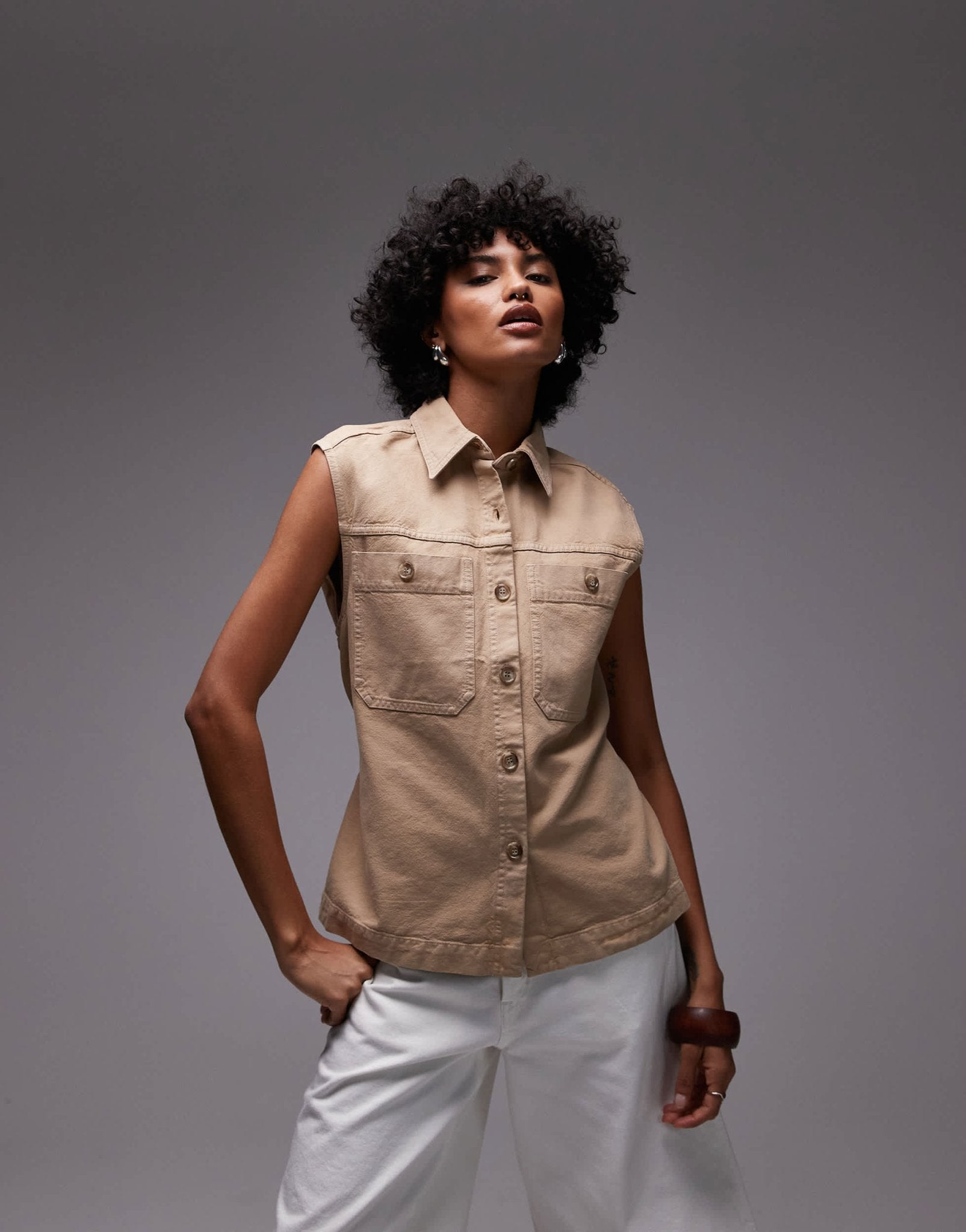ARKET pure cotton oversized belted workwear waistcoat in beige - ASOS Sample Sale
