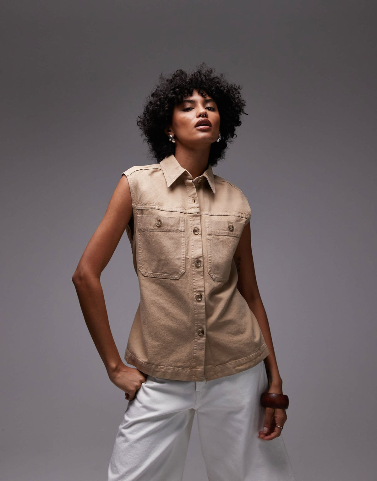 ARKET pure cotton oversized belted workwear waistcoat in beige - ASOS Sample Sale
