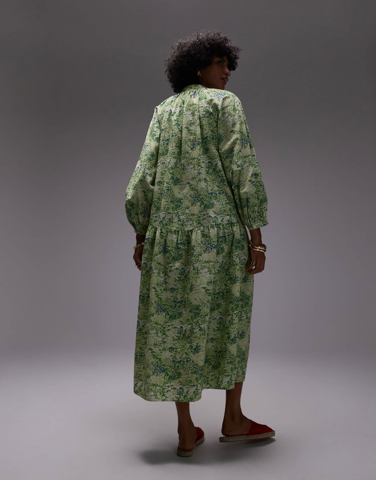 ARKET pure cotton smock midaxi dress with drop waist in green leaf print - ASOS Sample Sale