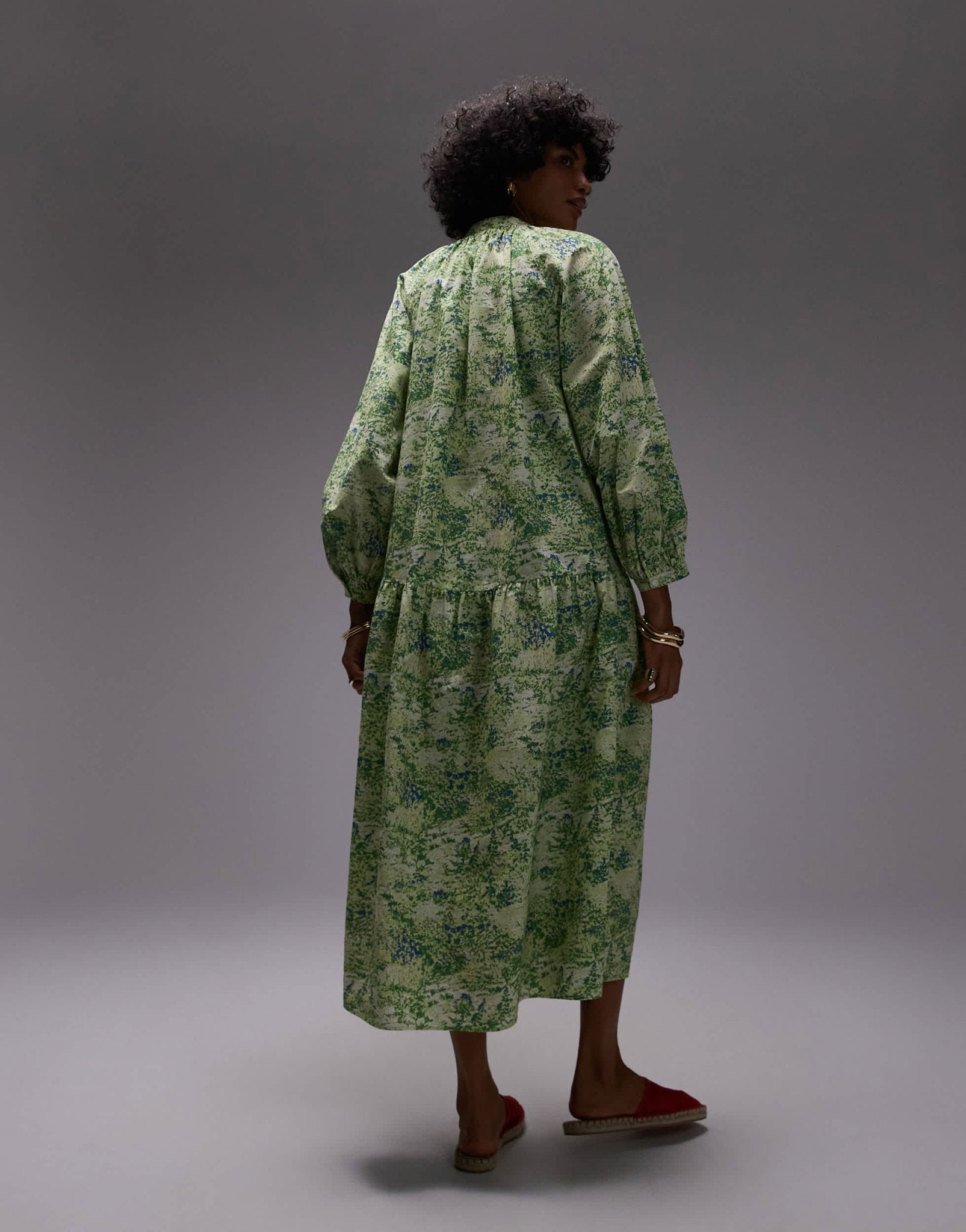 ARKET pure cotton smock midaxi dress with drop waist in green leaf print - ASOS Sample Sale