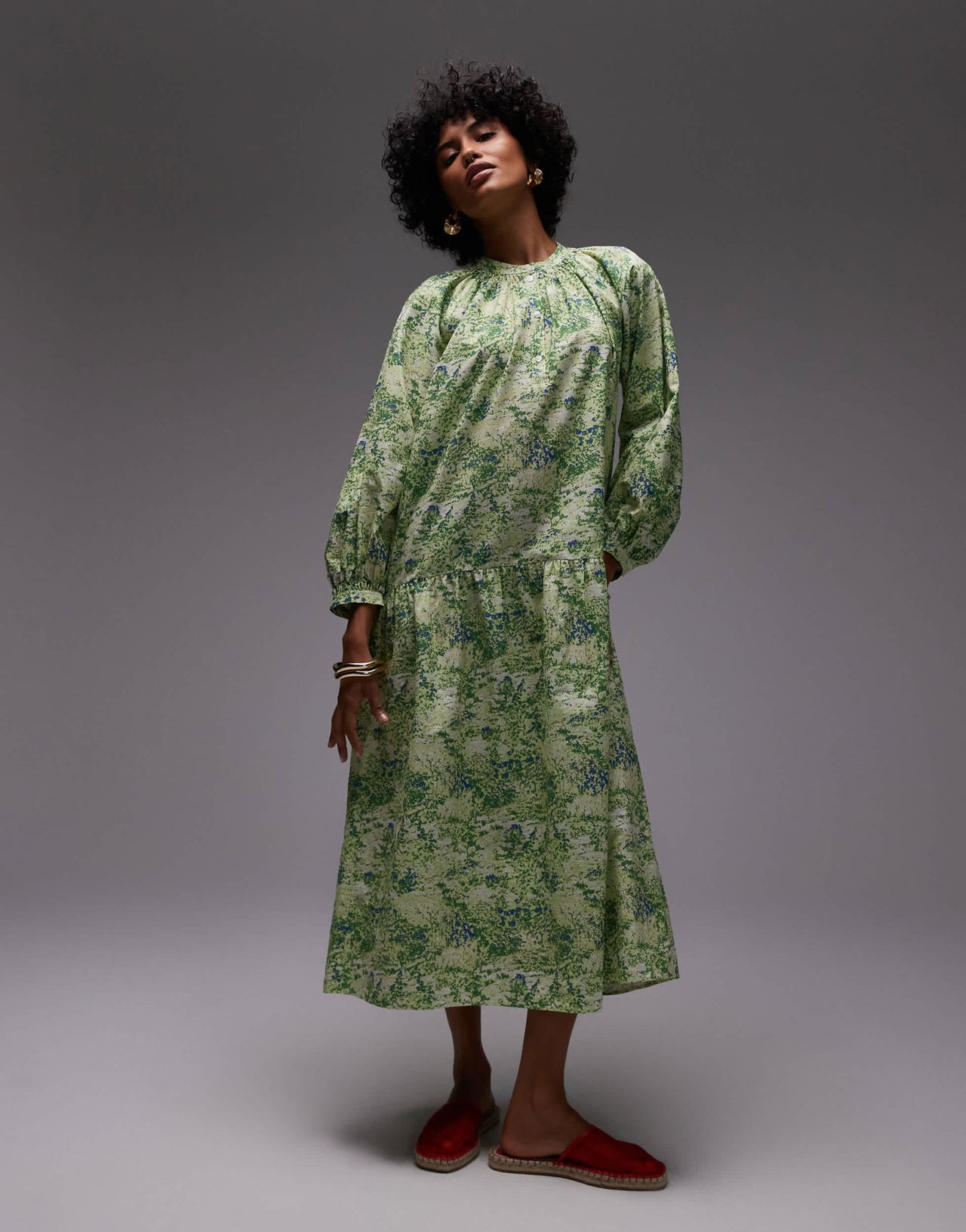 ARKET pure cotton smock midaxi dress with drop waist in green leaf print - ASOS Sample Sale