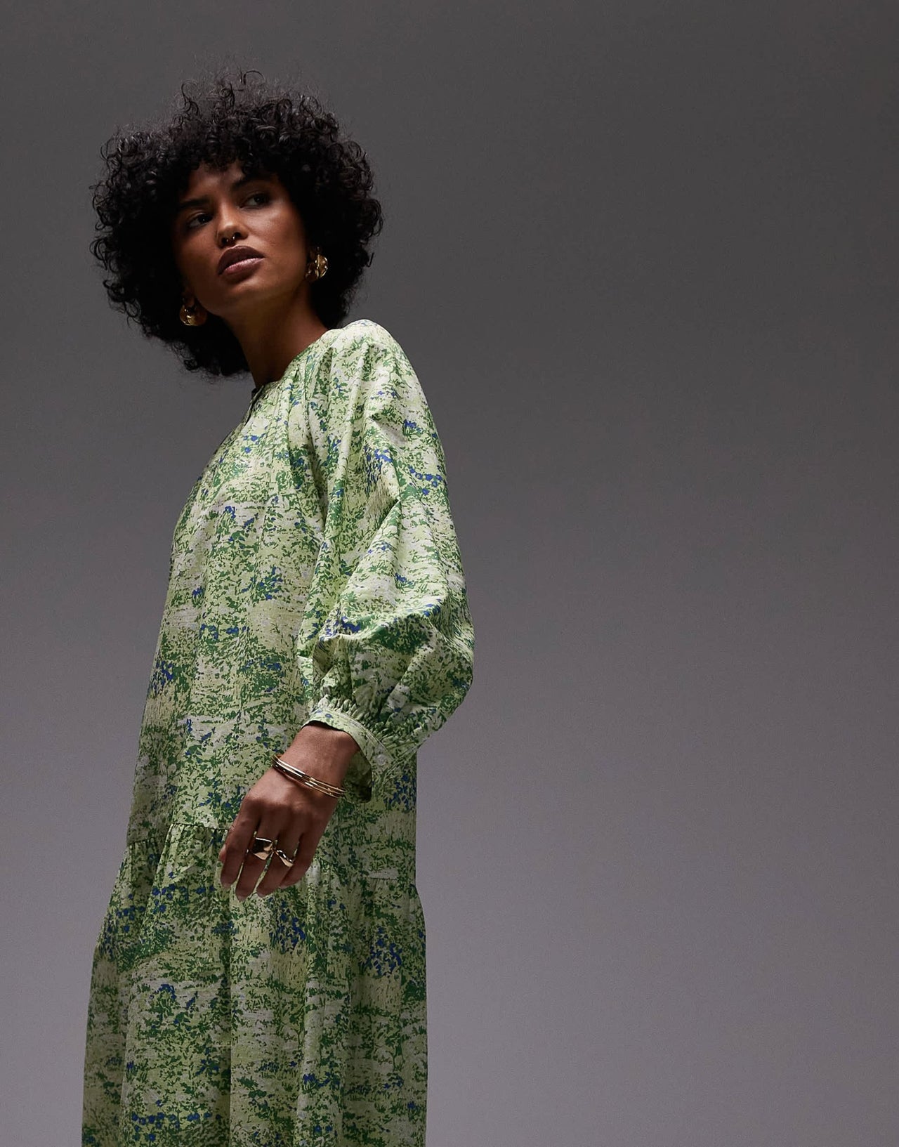 ARKET pure cotton smock midaxi dress with drop waist in green leaf print - ASOS Sample Sale