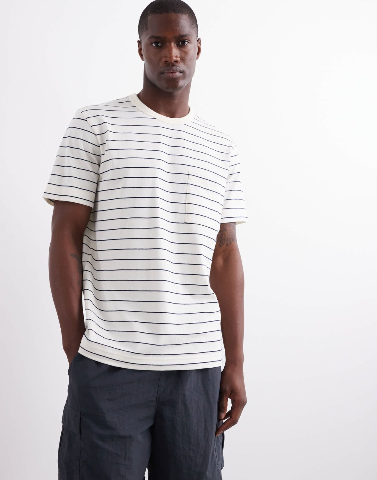 ARKET short sleeve t-shirt with pocket in white and blue stripes - ASOS Sample Sale