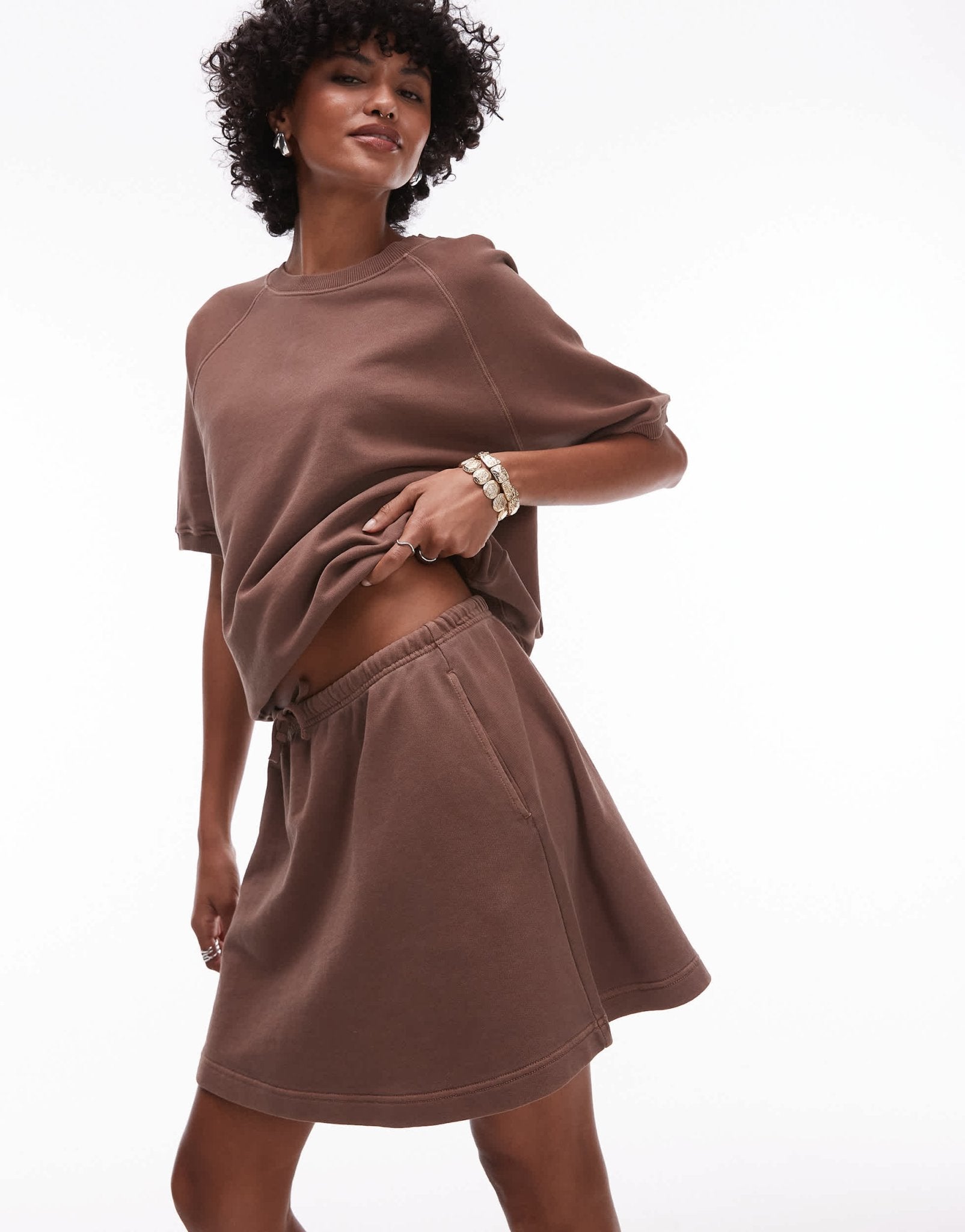 ARKET soft touch elasticated waist mini skirt in brown - ASOS Sample Sale