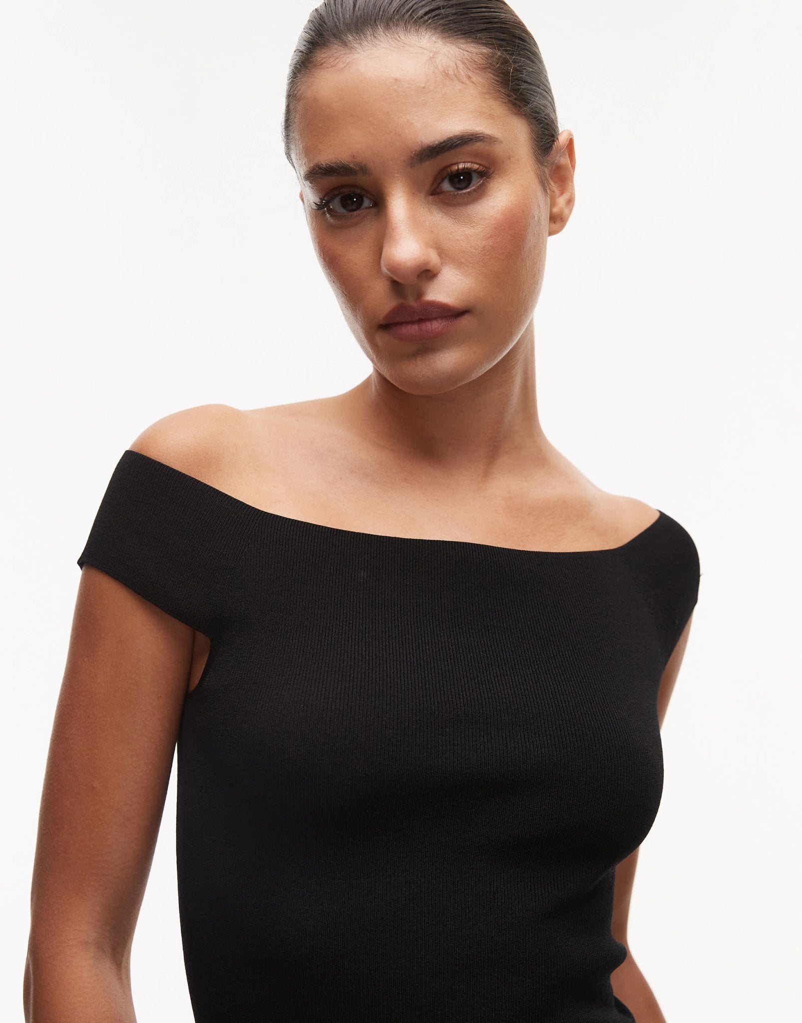 ARKET structured knit off shoulder top with sweetheart neckline in black - ASOS Sample Sale