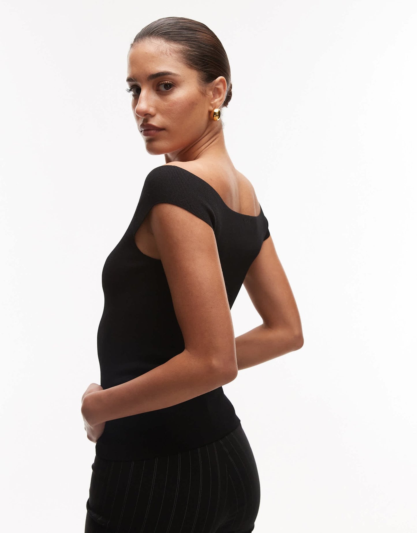 ARKET structured knit off shoulder top with sweetheart neckline in black - ASOS Sample Sale