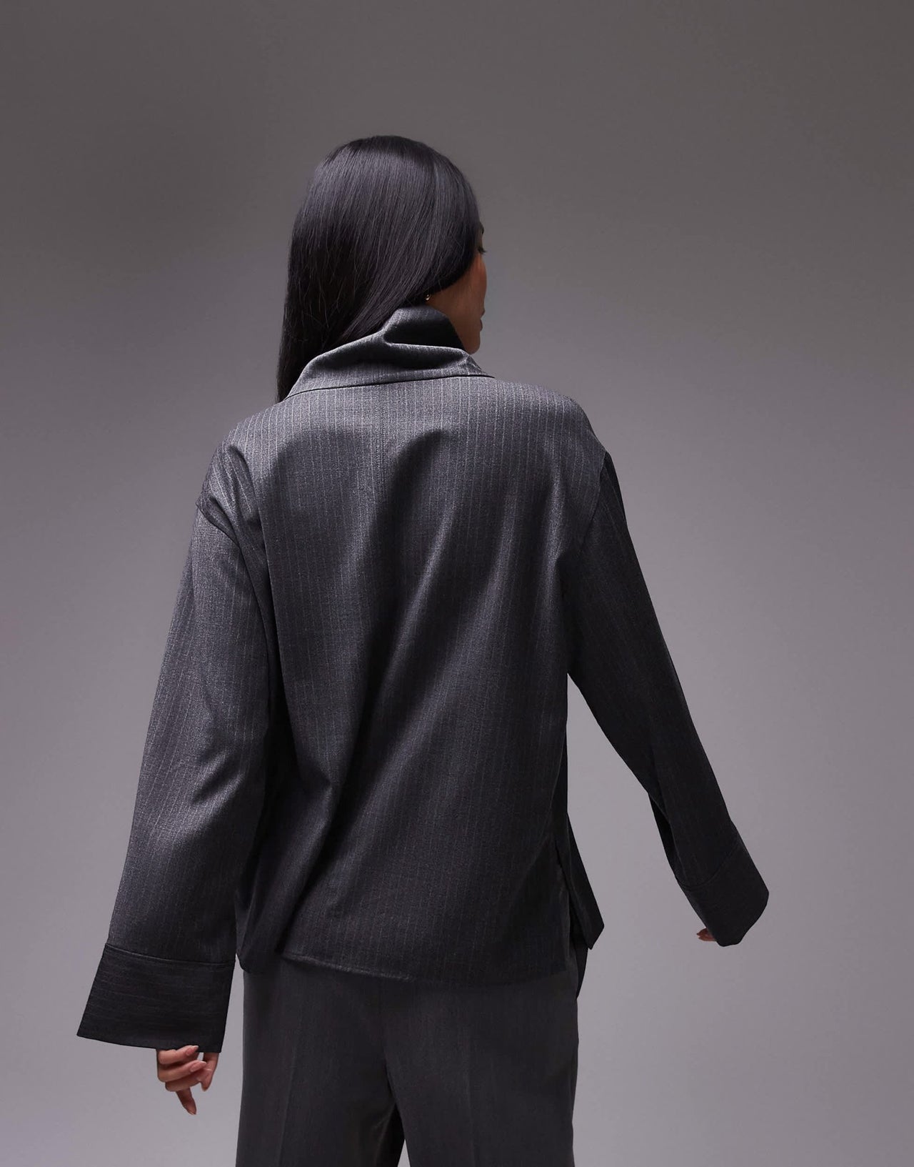 ARKET tailored blouse with high neck and volume sleeves in grey pinstripe - ASOS Sample Sale