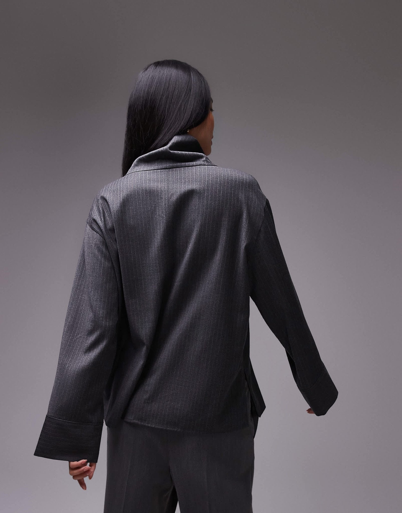 ARKET tailored blouse with high neck and volume sleeves in grey pinstripe - ASOS Sample Sale