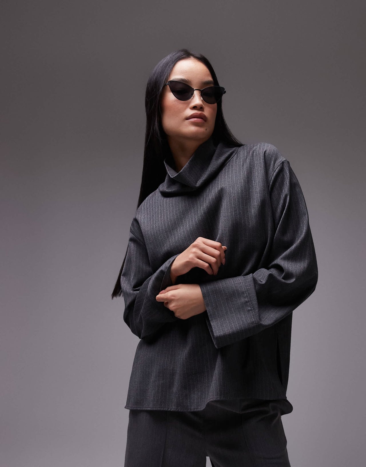 ARKET tailored blouse with high neck and volume sleeves in grey pinstripe - ASOS Sample Sale