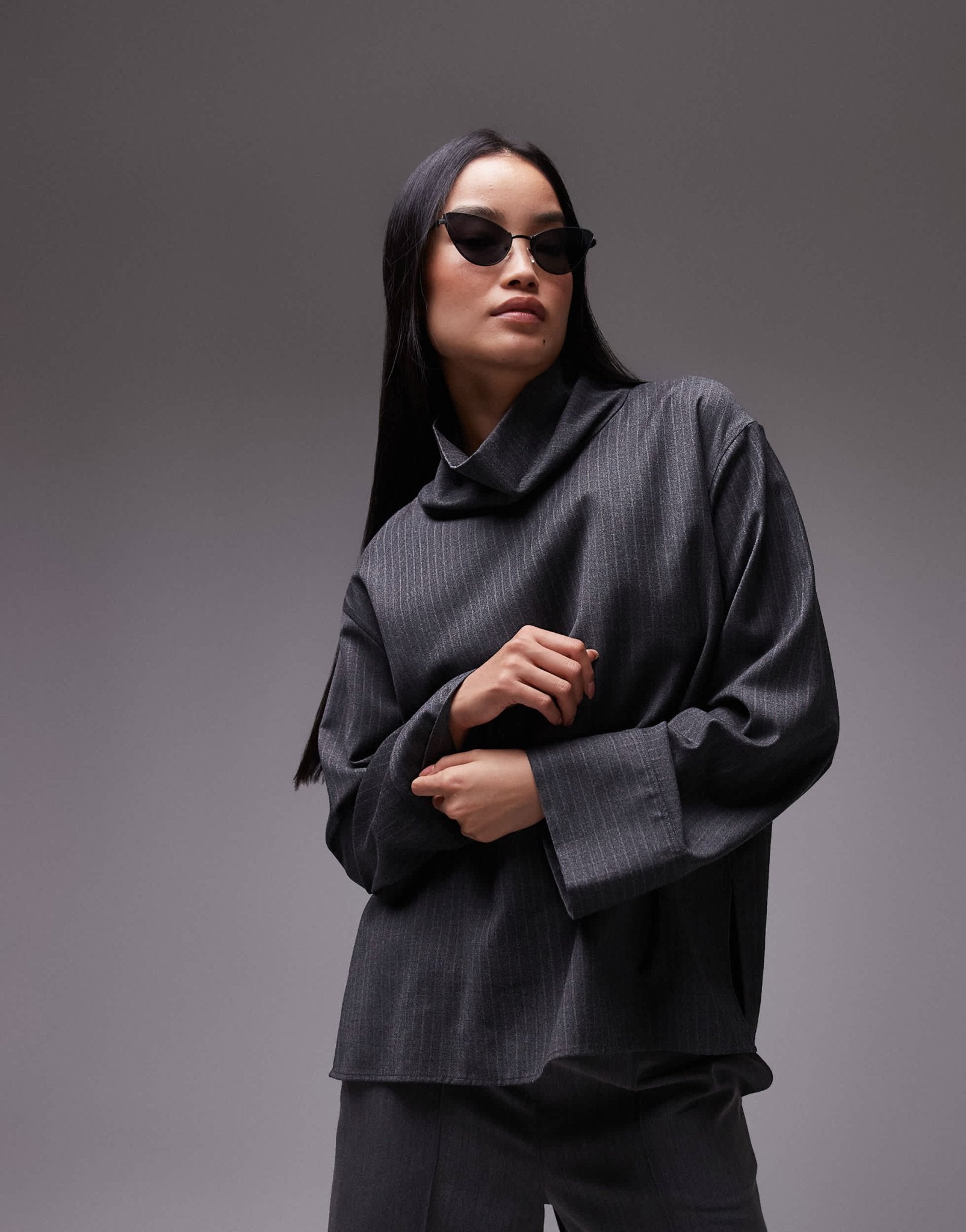 ARKET tailored blouse with high neck and volume sleeves in grey pinstripe - ASOS Sample Sale