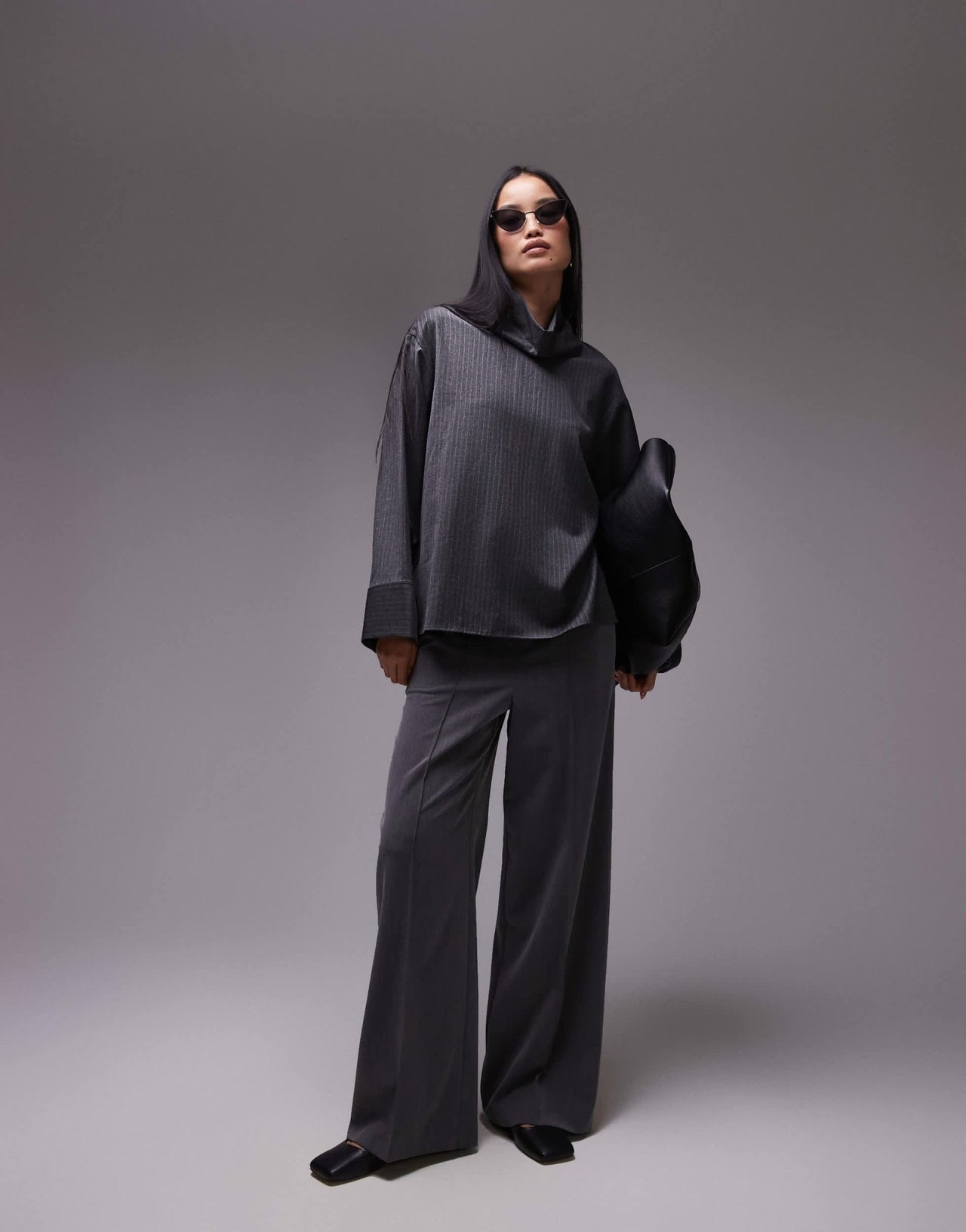 ARKET tailored blouse with high neck and volume sleeves in grey pinstripe - ASOS Sample Sale