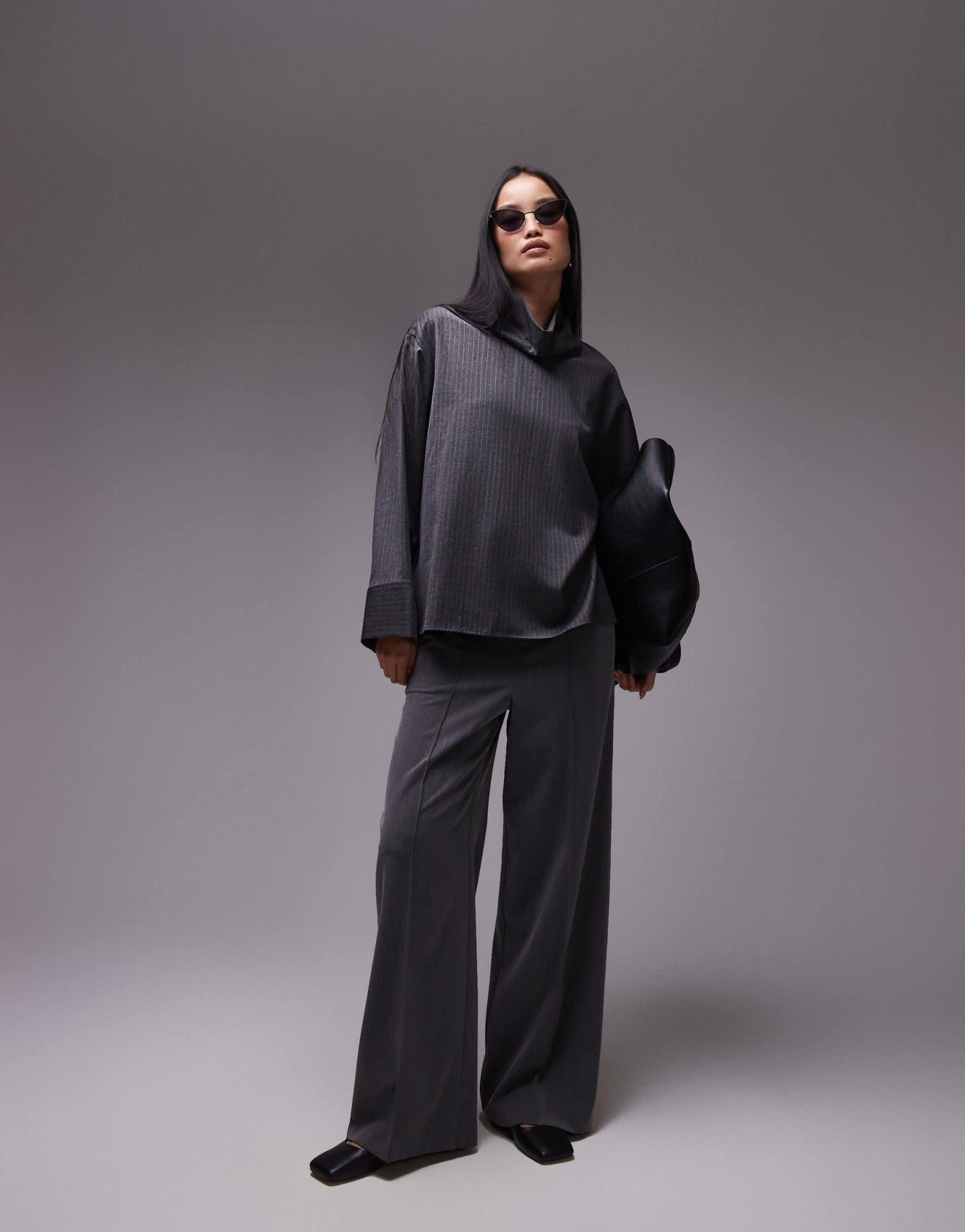 ARKET tailored blouse with high neck and volume sleeves in grey pinstripe - ASOS Sample Sale