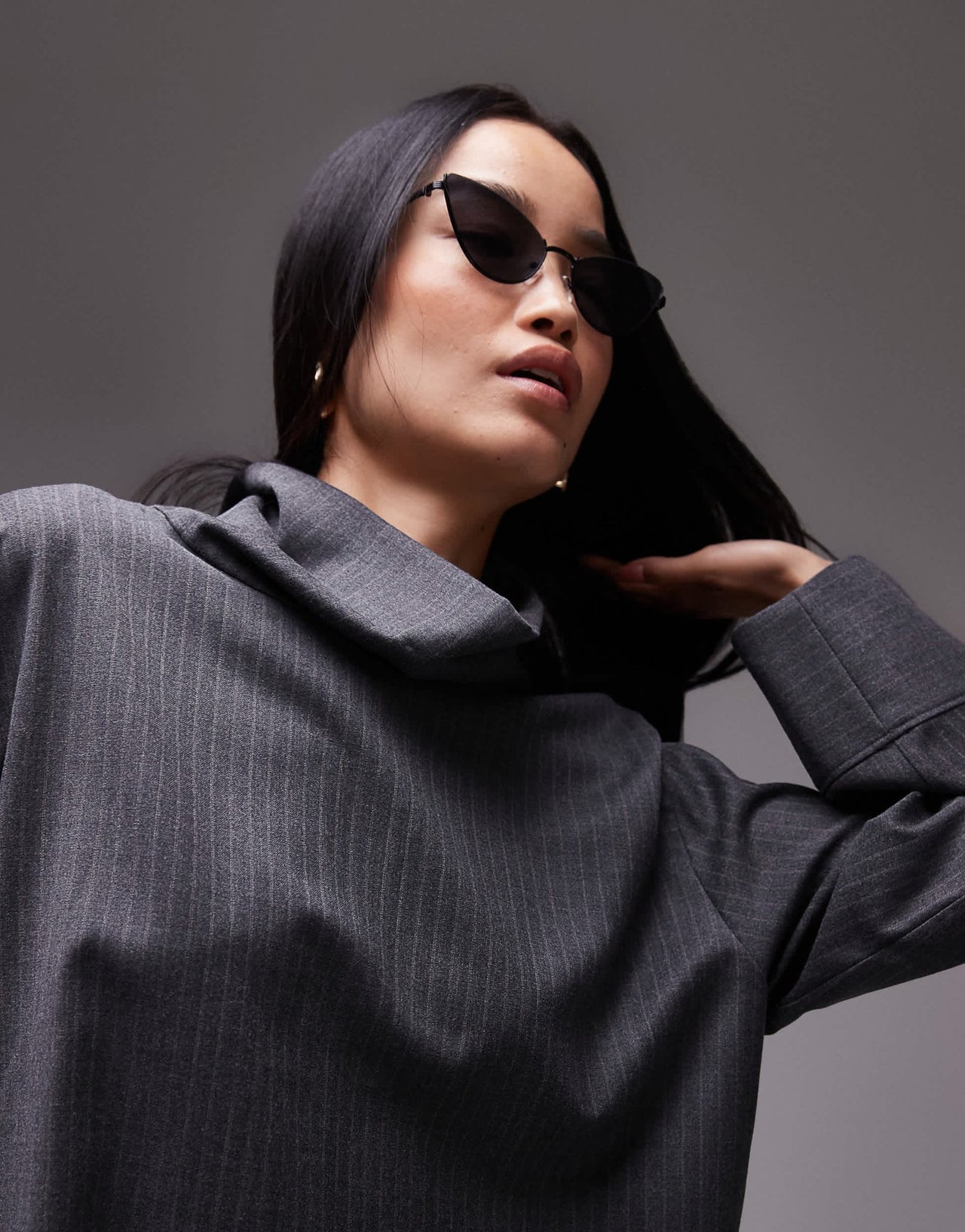 ARKET tailored blouse with high neck and volume sleeves in grey pinstripe - ASOS Sample Sale