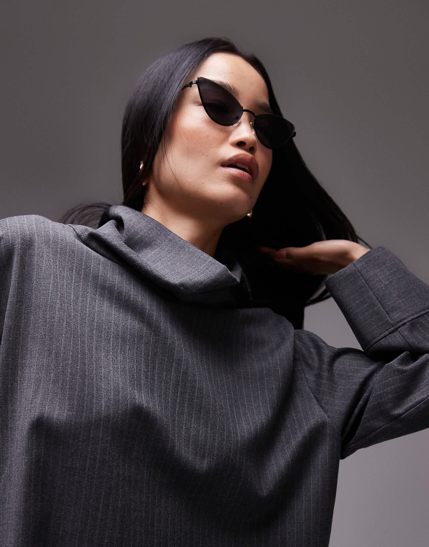 ARKET tailored blouse with high neck and volume sleeves in grey pinstripe - ASOS Sample Sale