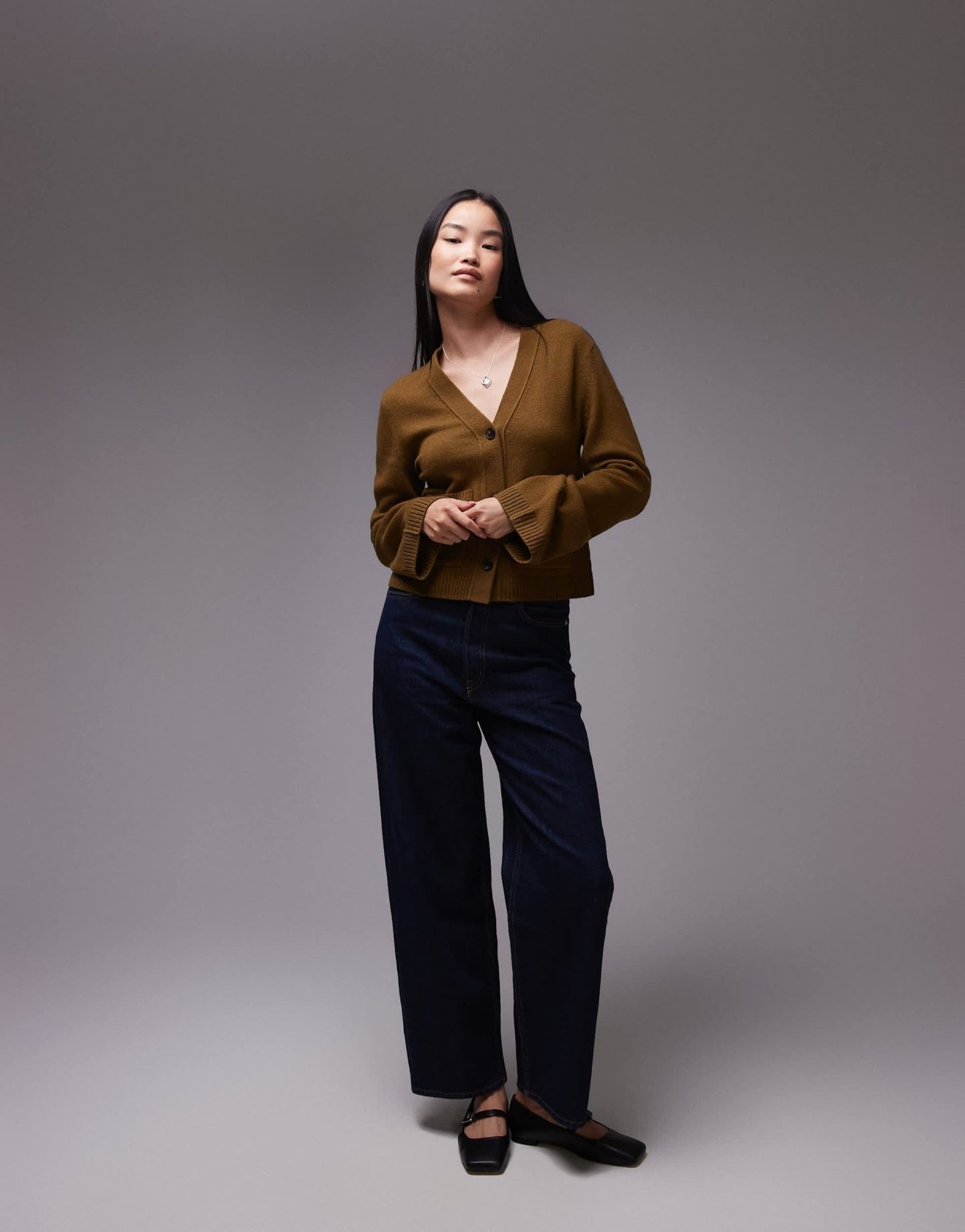 ARKET textured yarn wool cardigan with v - neck and front pockets in khaki brown - ASOS Sample Sale
