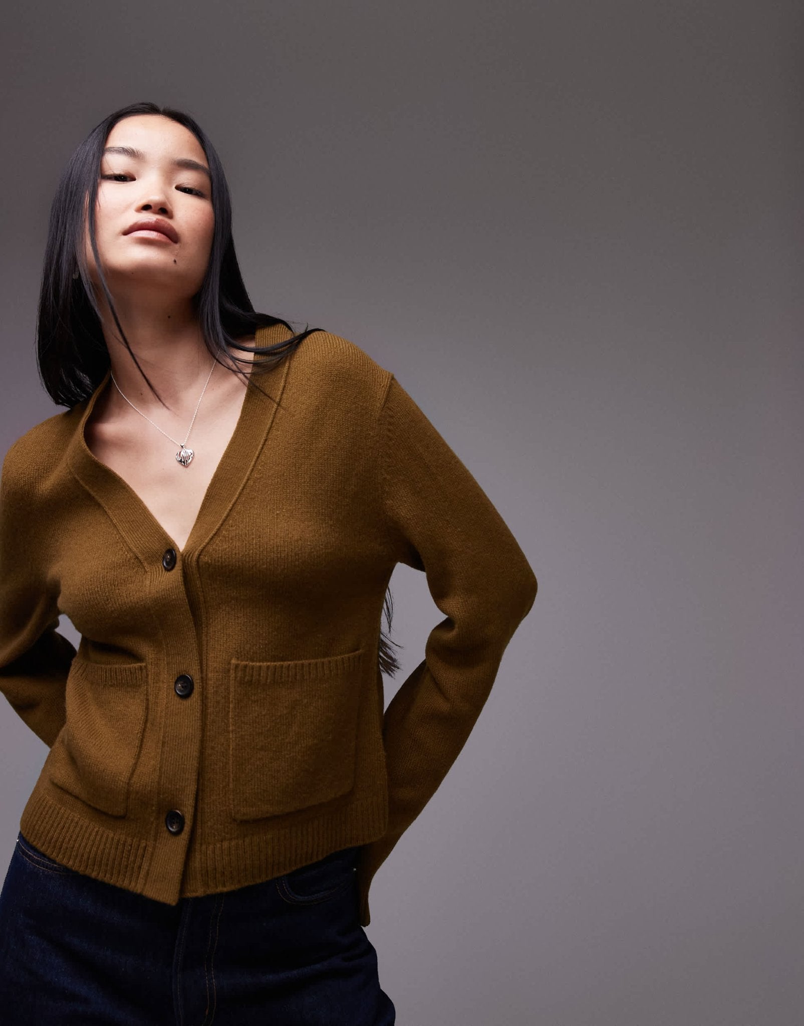 ARKET textured yarn wool cardigan with v - neck and front pockets in khaki brown - ASOS Sample Sale