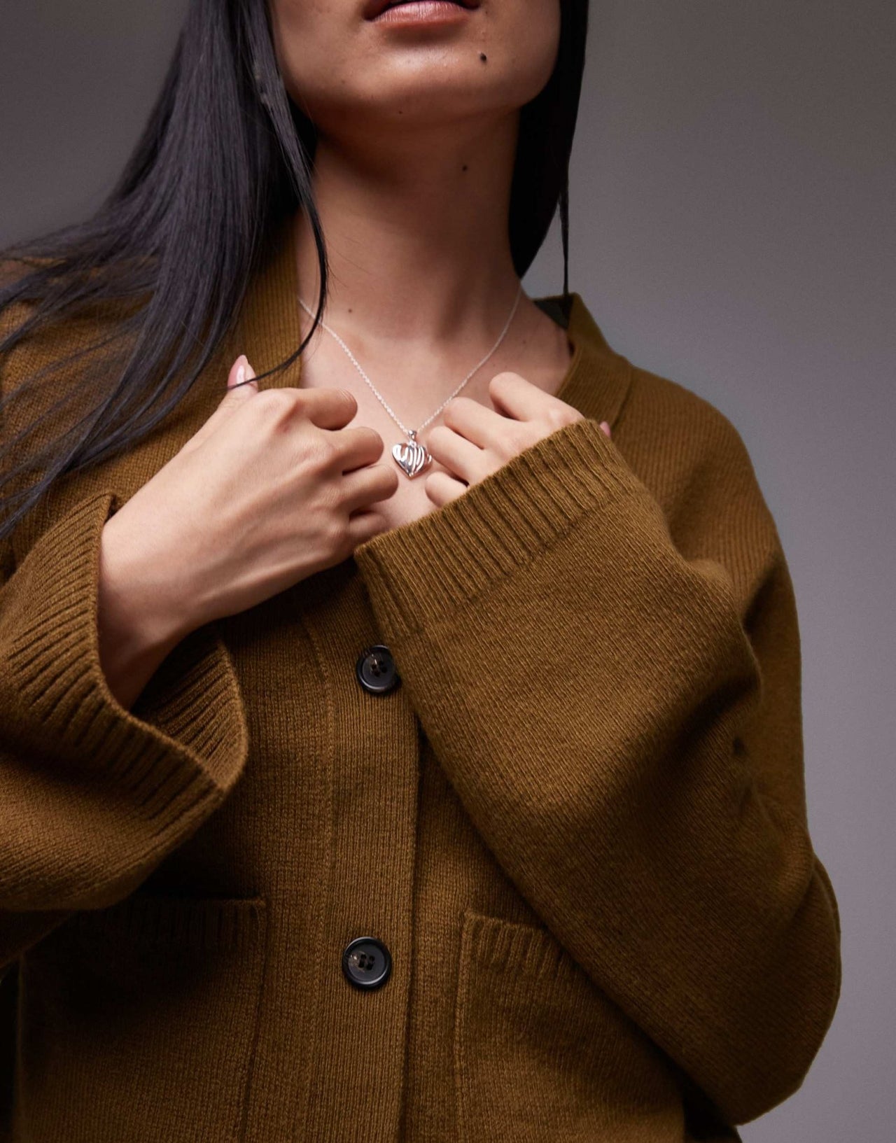 ARKET textured yarn wool cardigan with v - neck and front pockets in khaki brown - ASOS Sample Sale