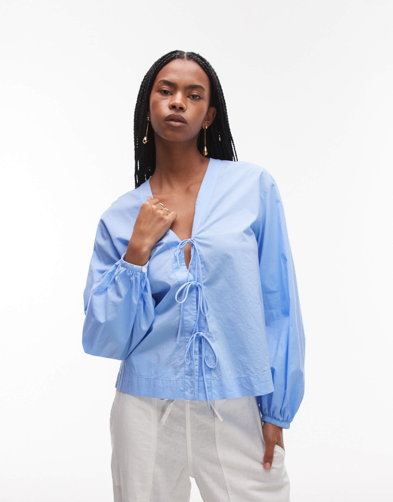 ARKET v-neck blouse with bow tie front in blue - ASOS Sample Sale
