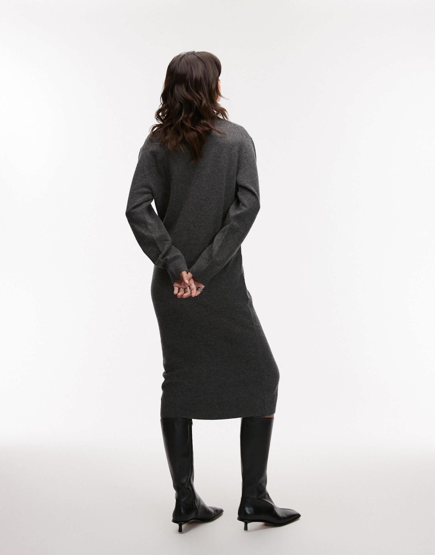 ARKET wool knitted midaxi dress with deep placket polo collar in dark grey - ASOS Sample Sale