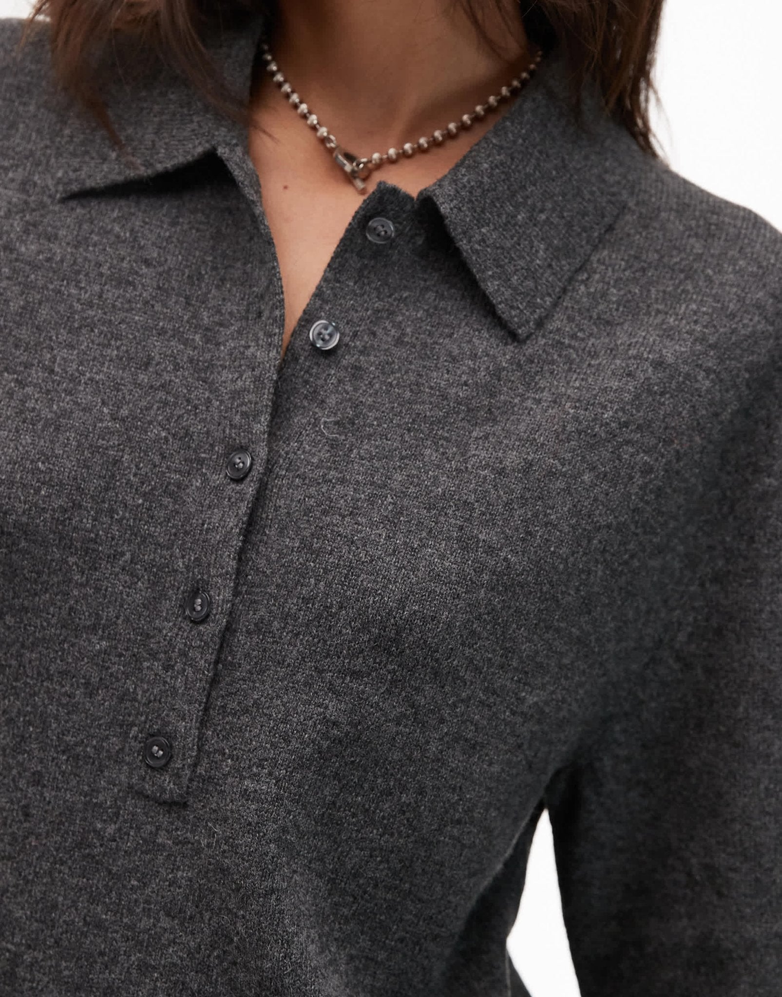 ARKET wool knitted midaxi dress with deep placket polo collar in dark grey - ASOS Sample Sale