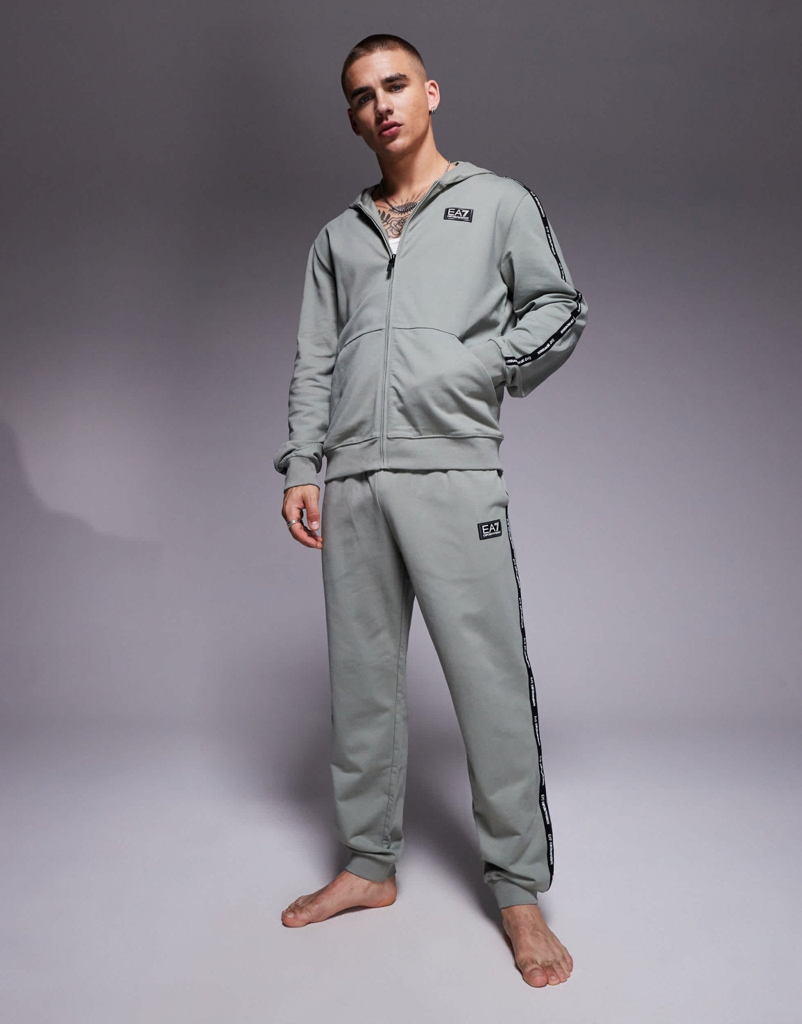 Armani EA7 cuffed joggers co-ord with logo tape detail in sage green - ASOS Sample Sale