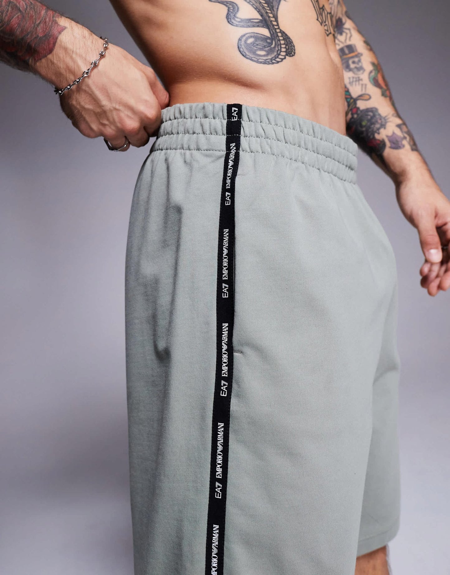 Armani EA7 cuffed sweat shorts with logo tape detail in sage green - ASOS Sample Sale