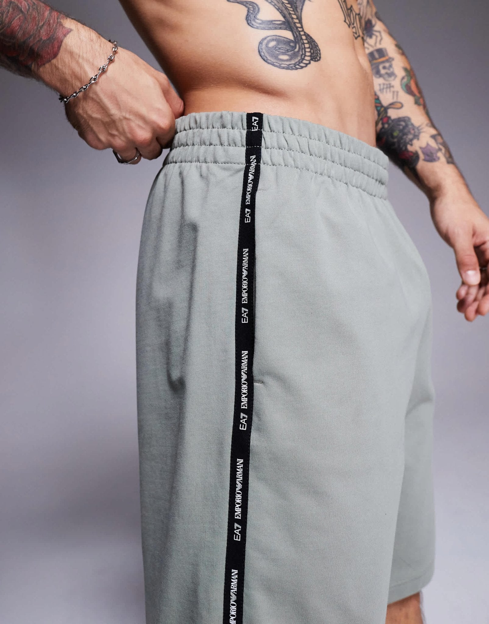 Armani EA7 cuffed sweat shorts with logo tape detail in sage green - ASOS Sample Sale