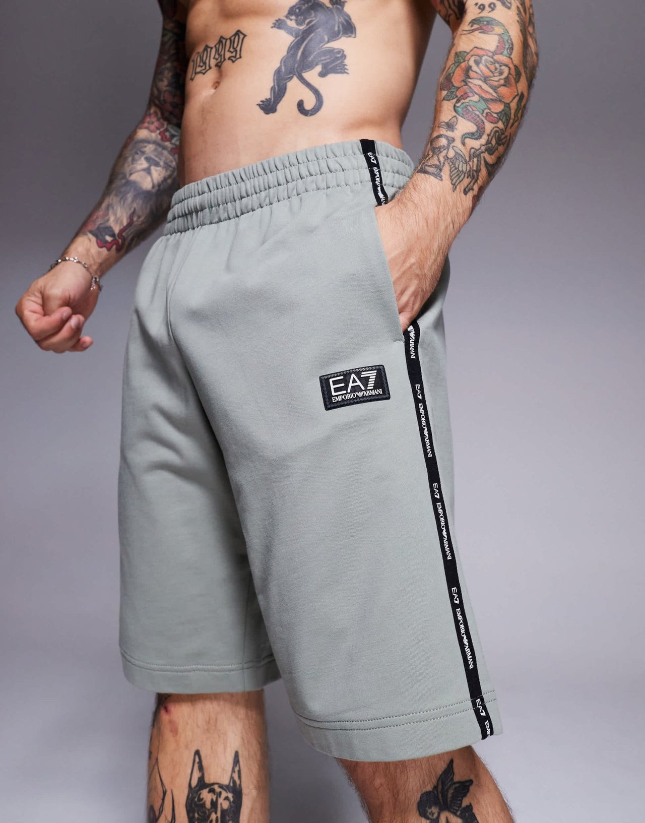 Armani EA7 cuffed sweat shorts with logo tape detail in sage green - ASOS Sample Sale