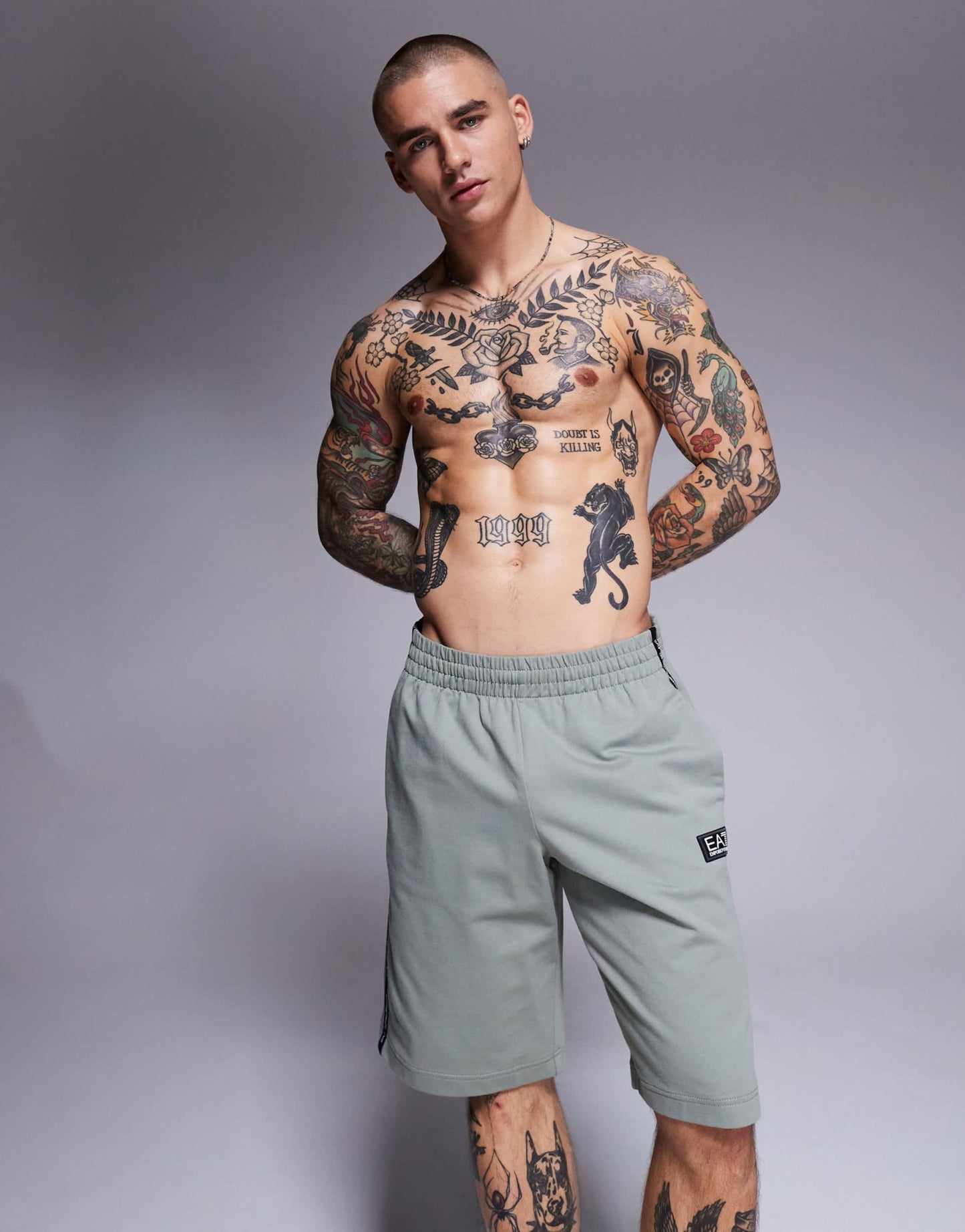 Armani EA7 cuffed sweat shorts with logo tape detail in sage green - ASOS Sample Sale