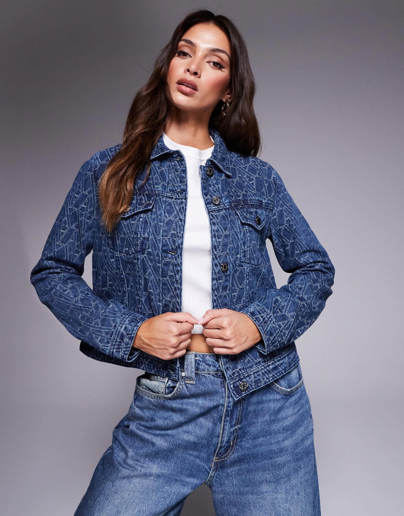 Armani Exchange monogram denim jacket in mid blue - ASOS Sample Sale