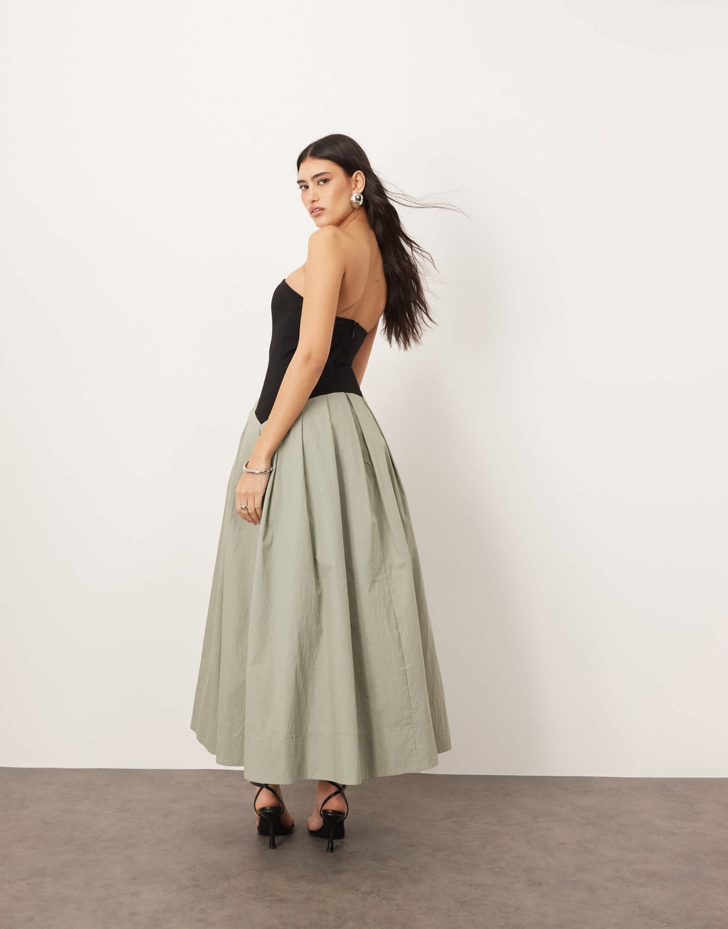 ARRANGE bandeau drop waist maxi dress with contrast detail in black and sage - ASOS Sample Sale