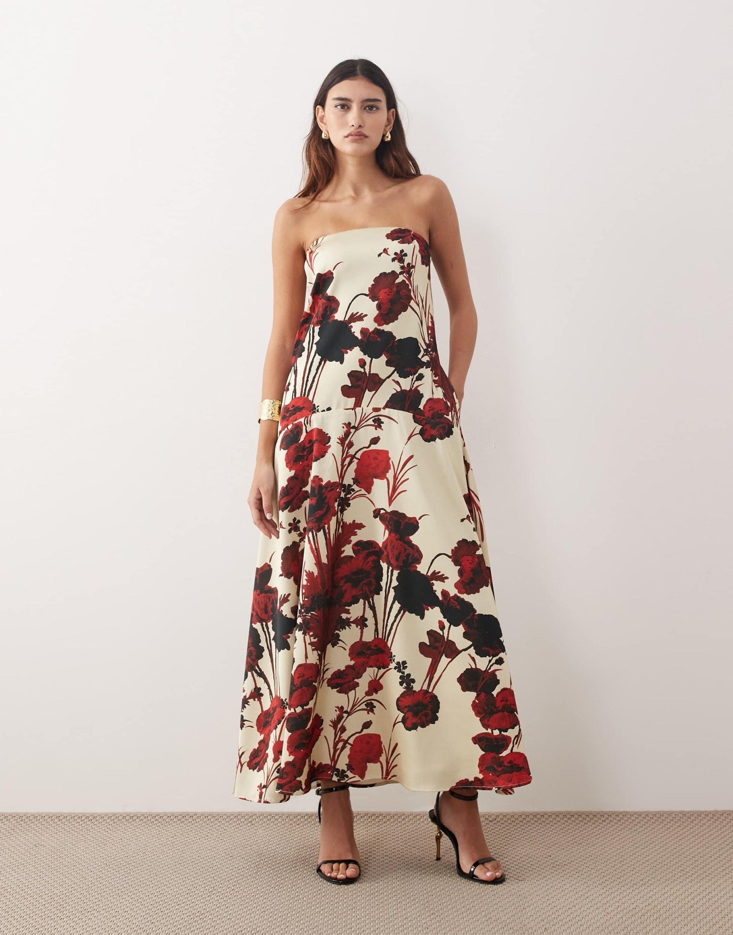 ARRANGE bandeau satin trapeze maxi dress in rose floral print - ASOS Sample Sale