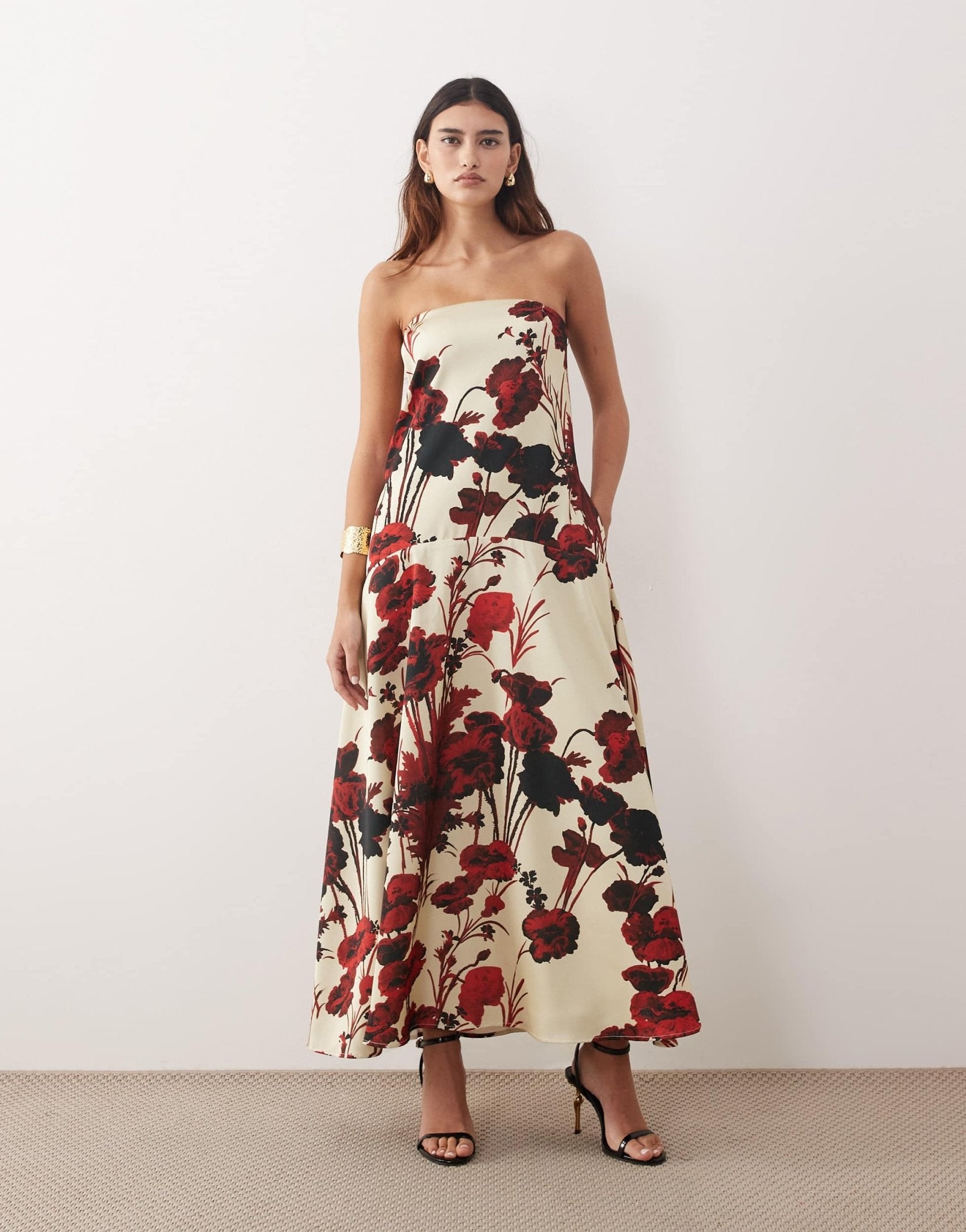 ARRANGE bandeau satin trapeze maxi dress in rose floral print - ASOS Sample Sale
