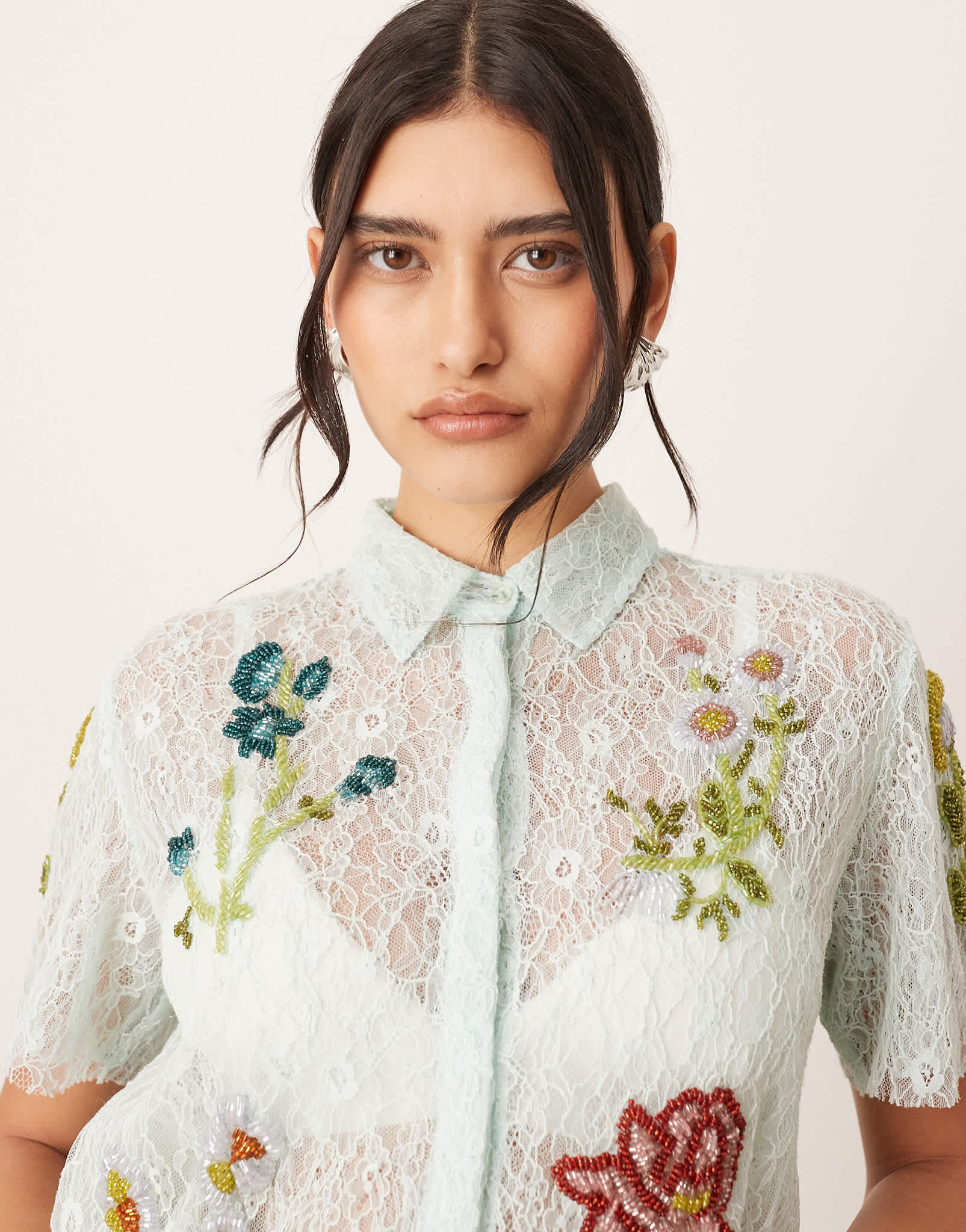 ARRANGE botanical floral embellished lace crop shirt co-ord in light blue - ASOS Sample Sale