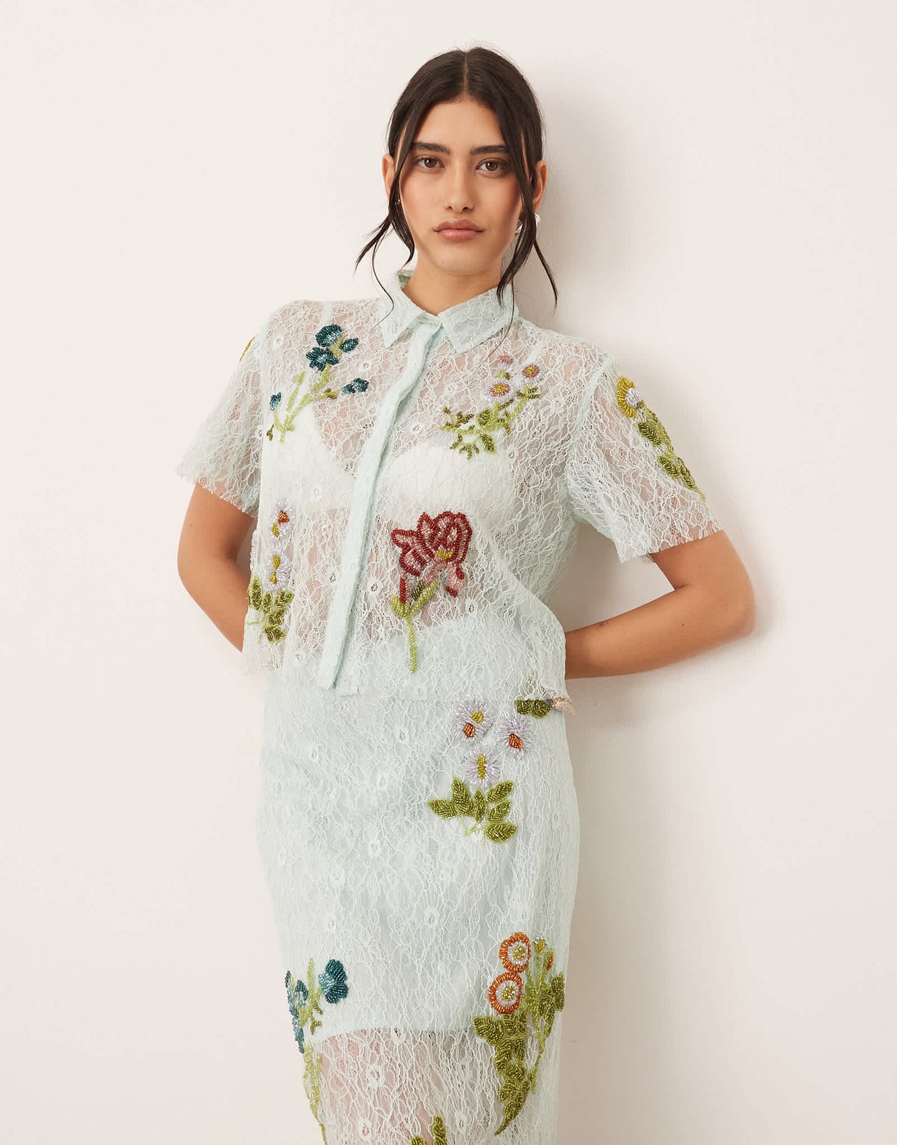 ARRANGE botanical floral embellished lace crop shirt co-ord in light blue - ASOS Sample Sale