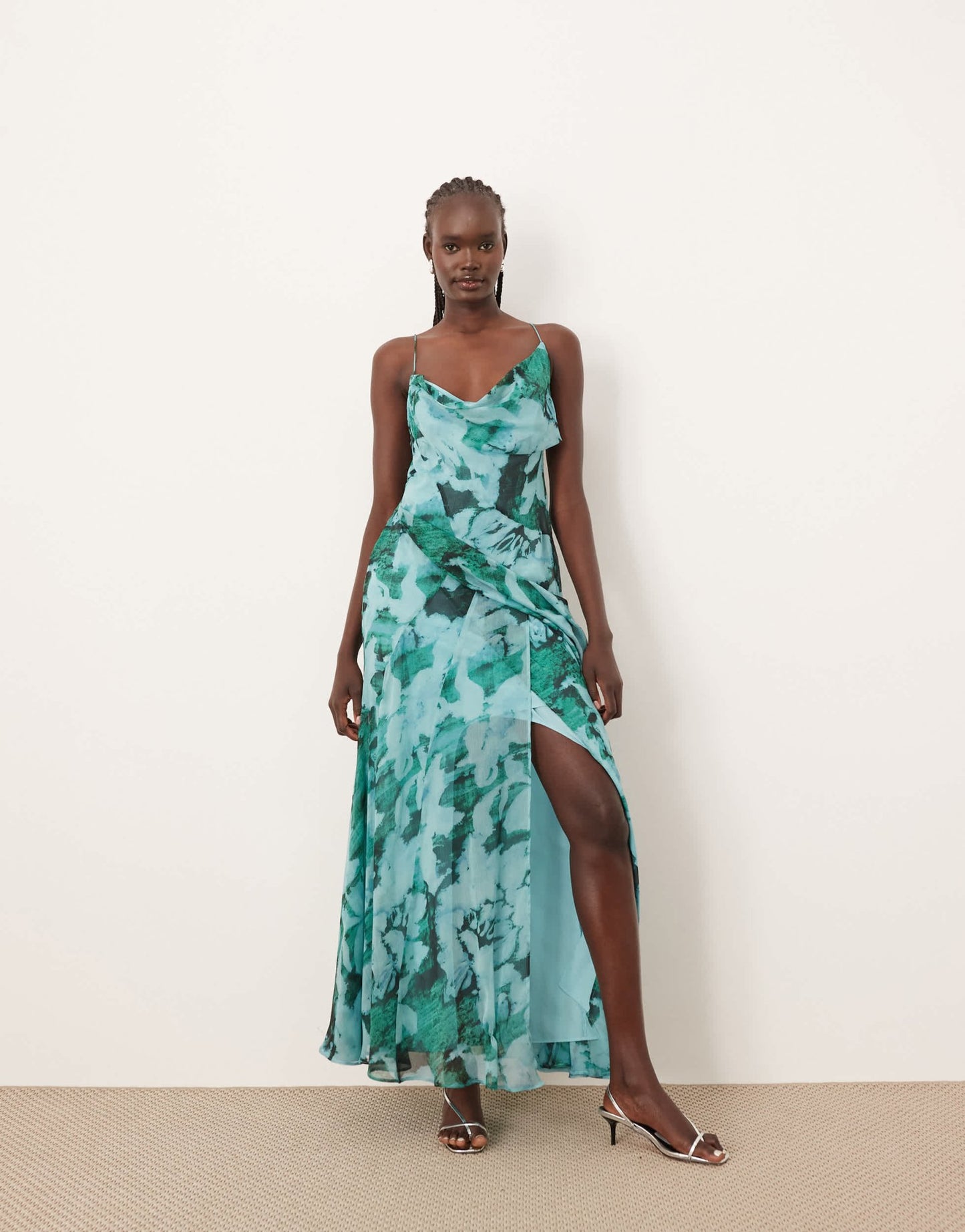 ARRANGE chiffon cami asymmetric drape maxi dress in blue abstract prin