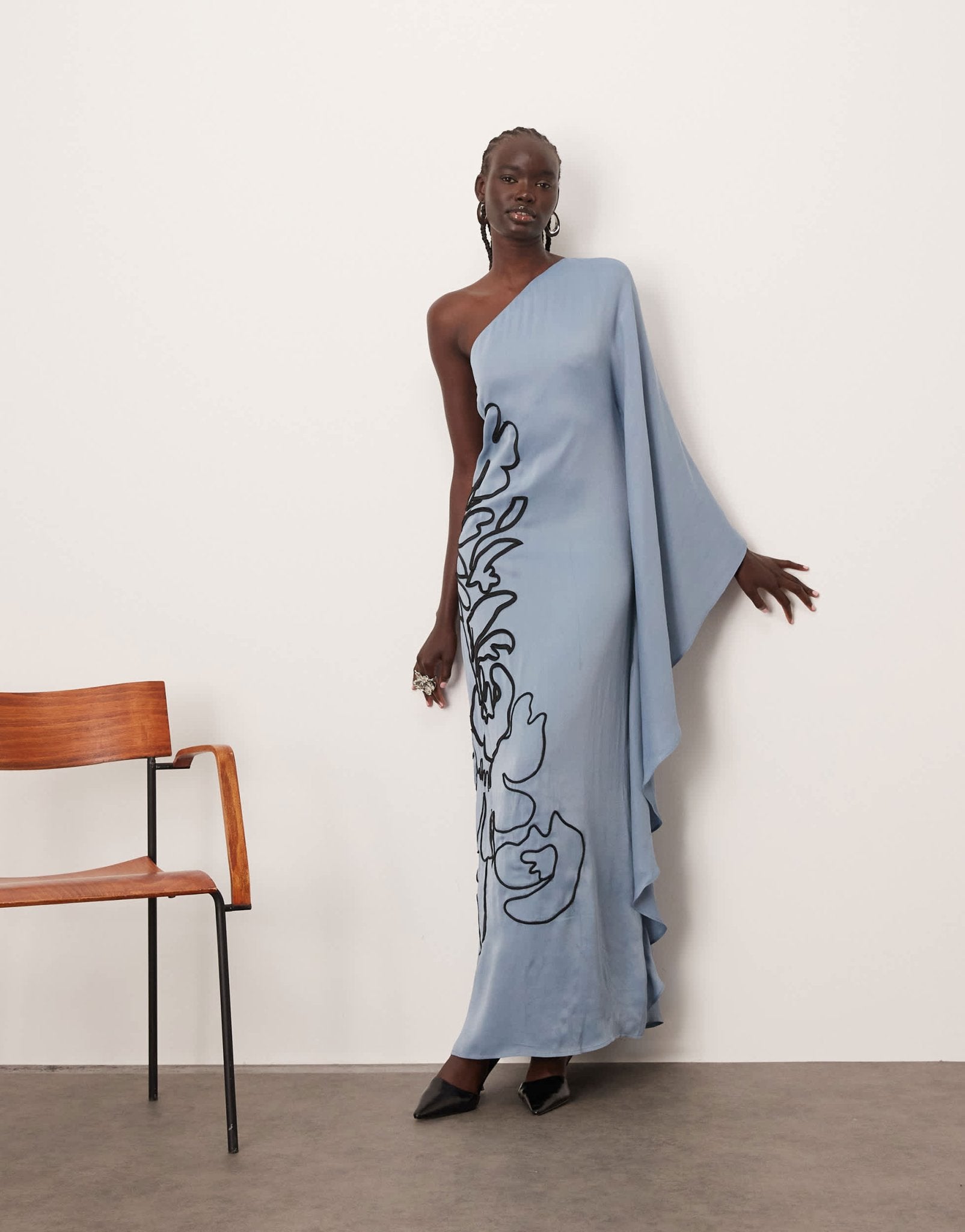 ARRANGE contrast embroidered floral one shoulder maxi dress in blue - ASOS Sample Sale