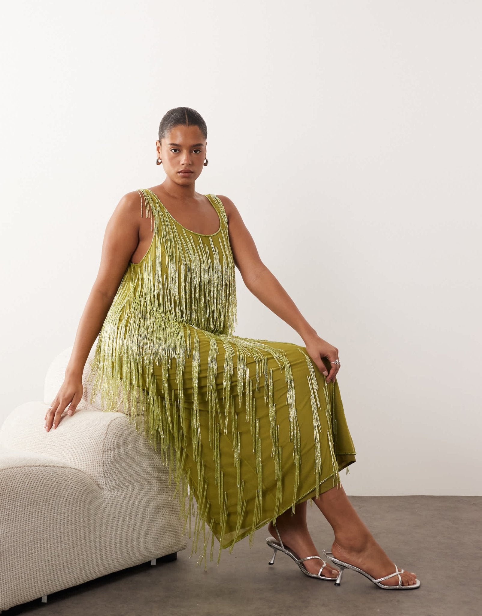 ARRANGE Curve beaded fringe scoop neck maxi dress in olive - ASOS Sample Sale