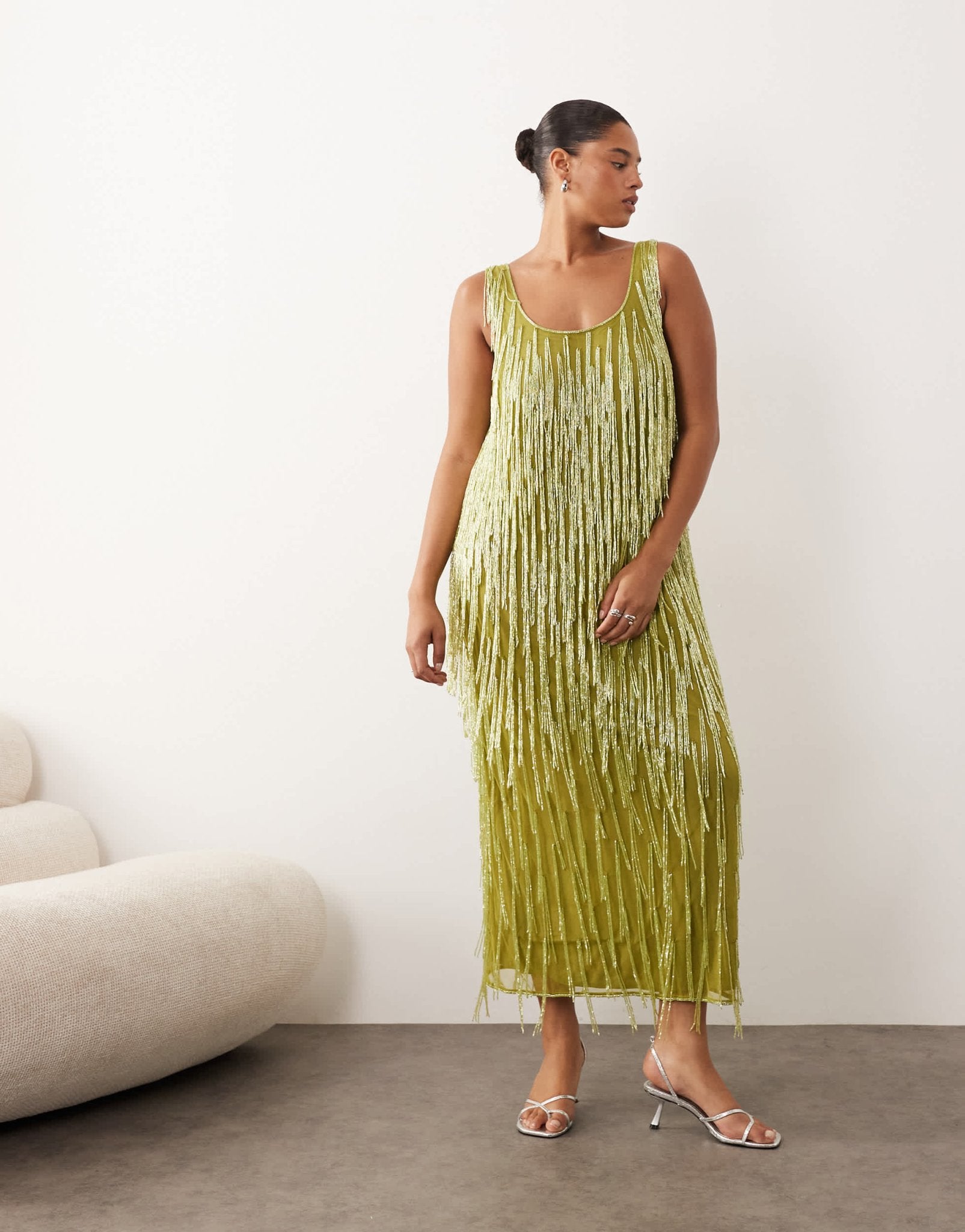 ARRANGE Curve beaded fringe scoop neck maxi dress in olive - ASOS Sample Sale