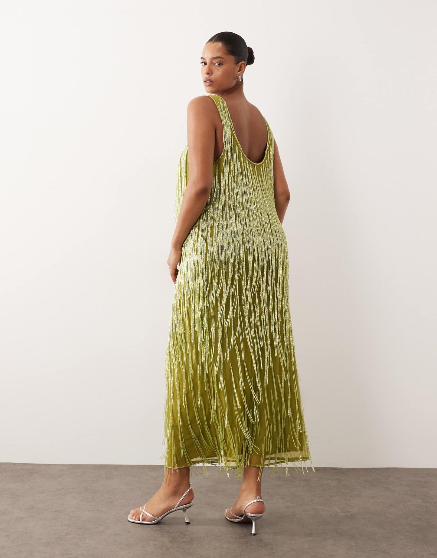 ARRANGE Curve beaded fringe scoop neck maxi dress in olive - ASOS Sample Sale