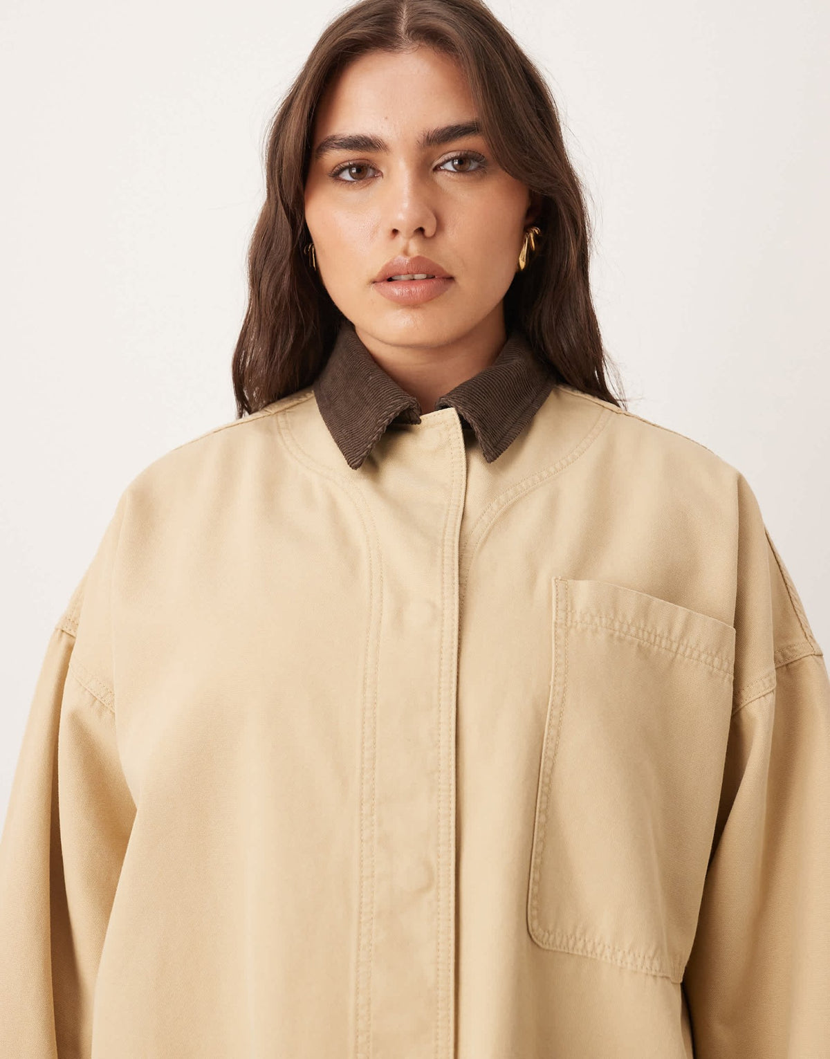 ARRANGE Curve canvas oversized barn shacket with cord collar in camel - ASOS Sample Sale
