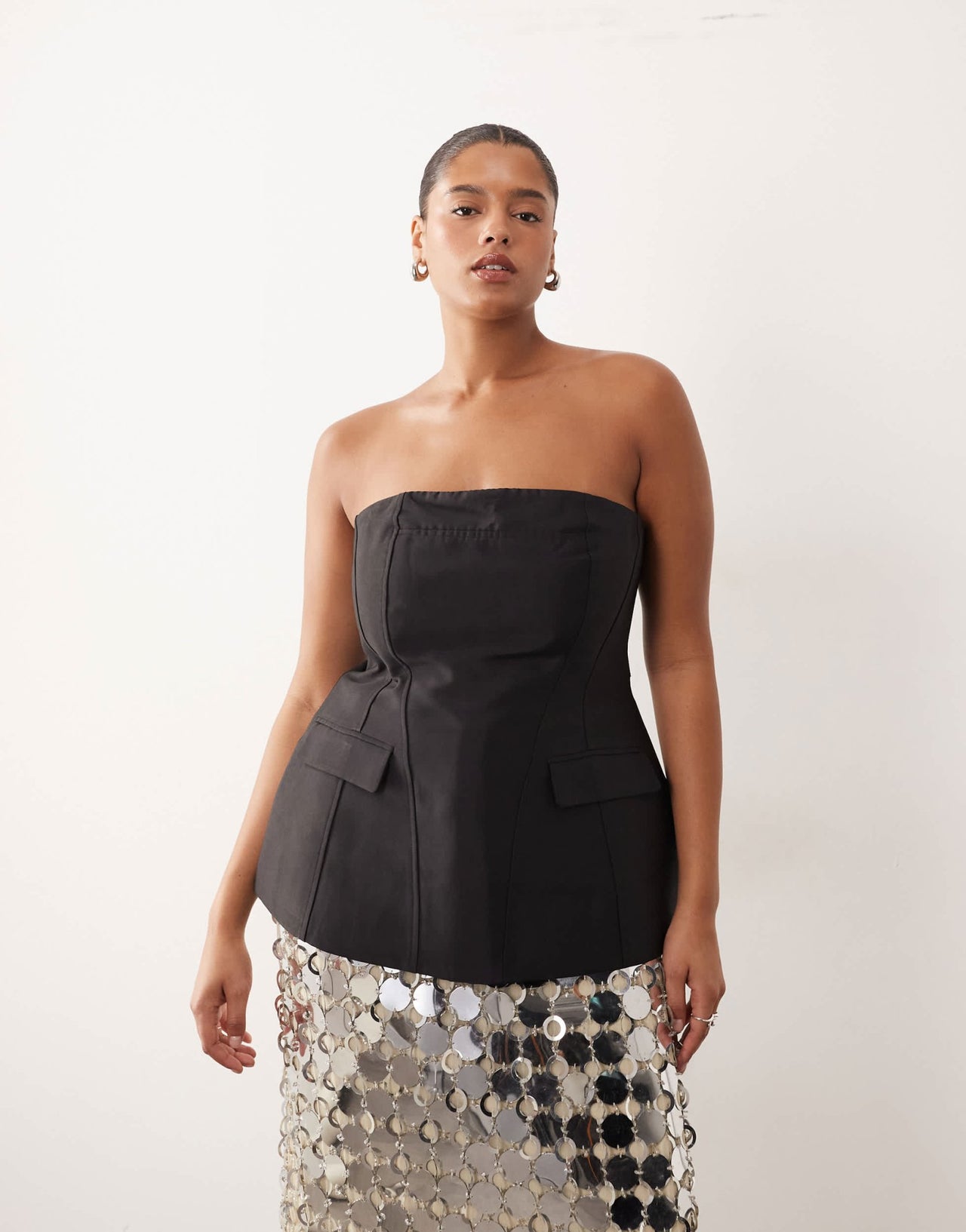 ARRANGE Curve heavy bonded satin sculpted bandeau top in black - ASOS Sample Sale