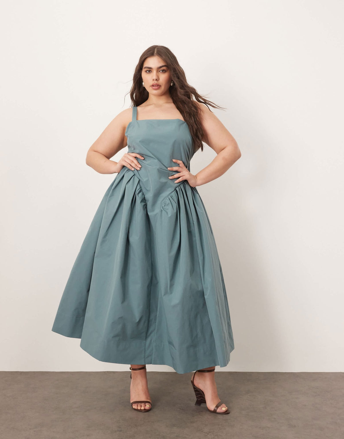 ARRANGE Curve strappy ruched bodice full skirt maxi dress in dusky blue - ASOS Sample Sale