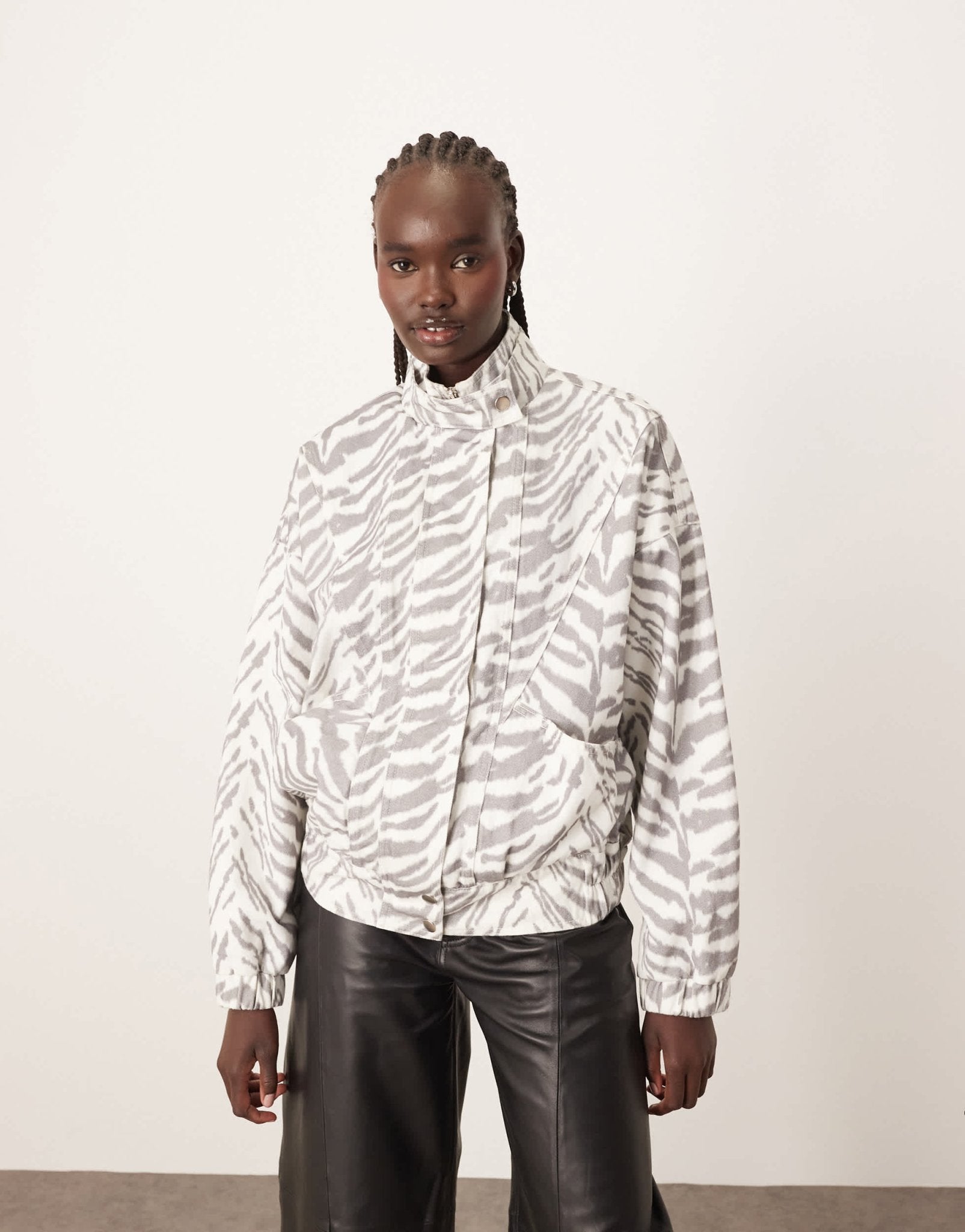 ARRANGE denim bomber jacket with seam detail in tiger print - ASOS Sample Sale