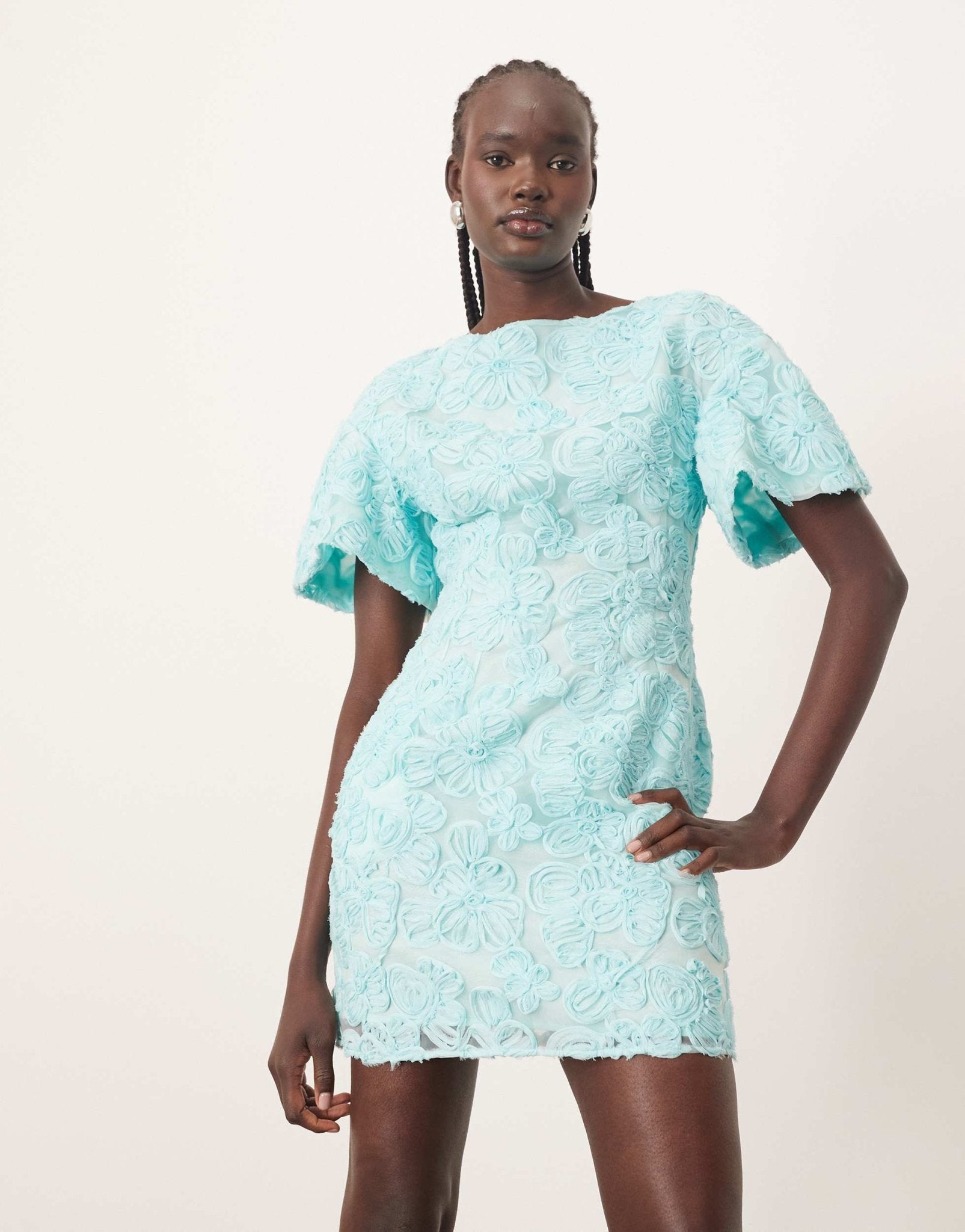 ARRANGE embroidered floral dome t-shirt sleeve mini dress in blue - ASOS Sample Sale